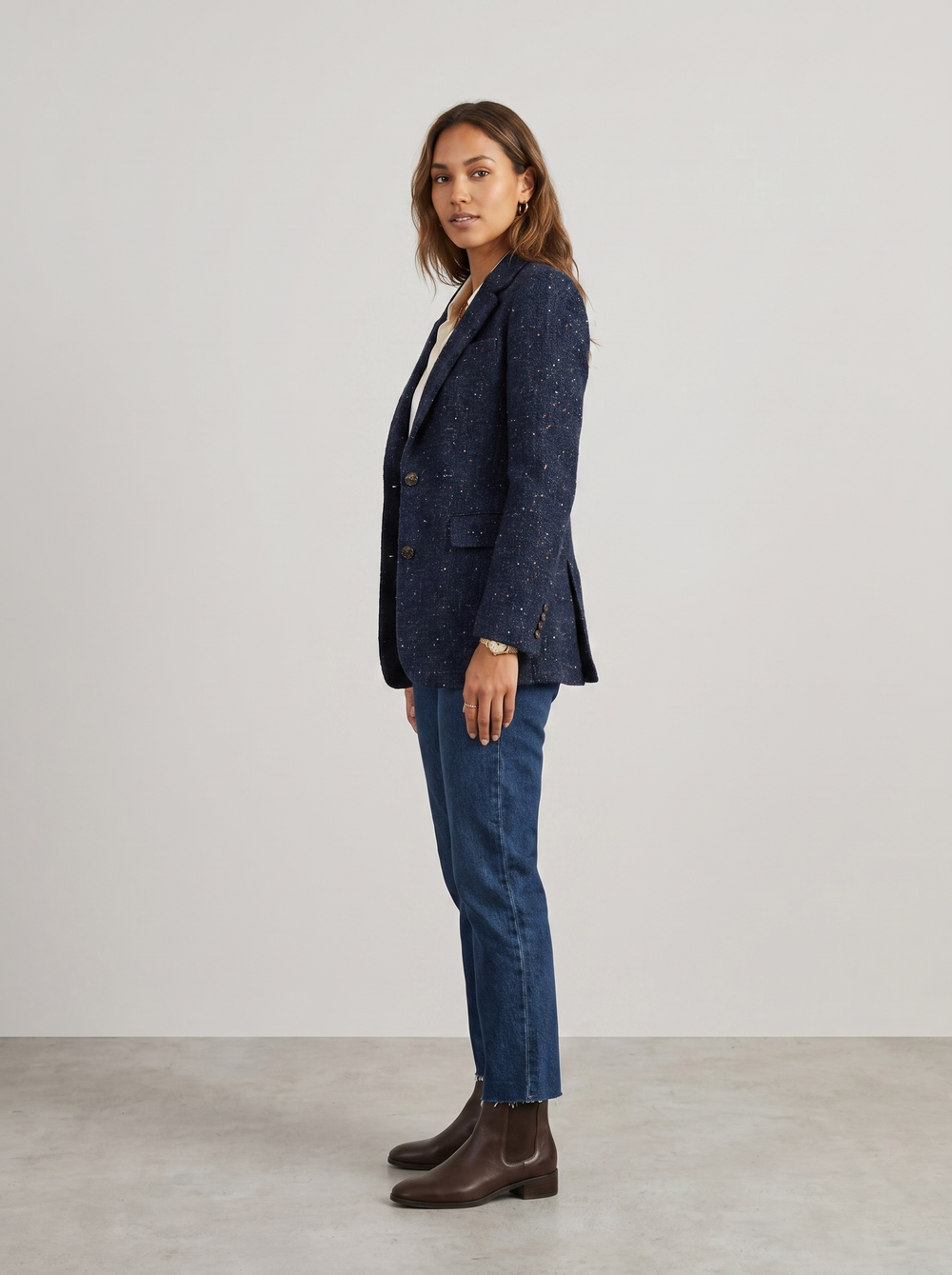 Kensington | Women's Tweed Blazer Winter Coat, side three-quarter view, studio photo