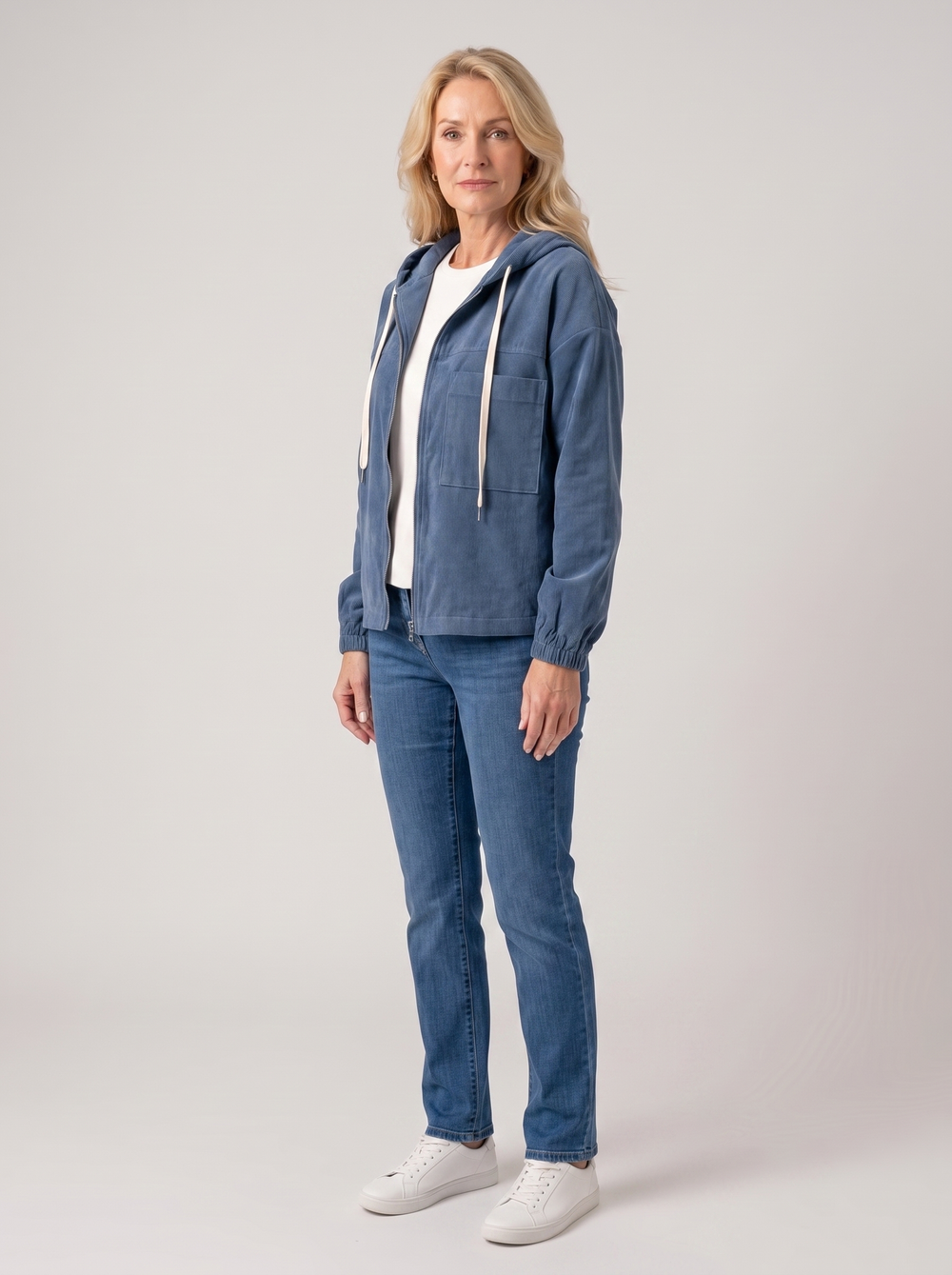 Natalie | Women's Hooded Corduroy Autumn Jacket, side three-quarter view, studio photo
