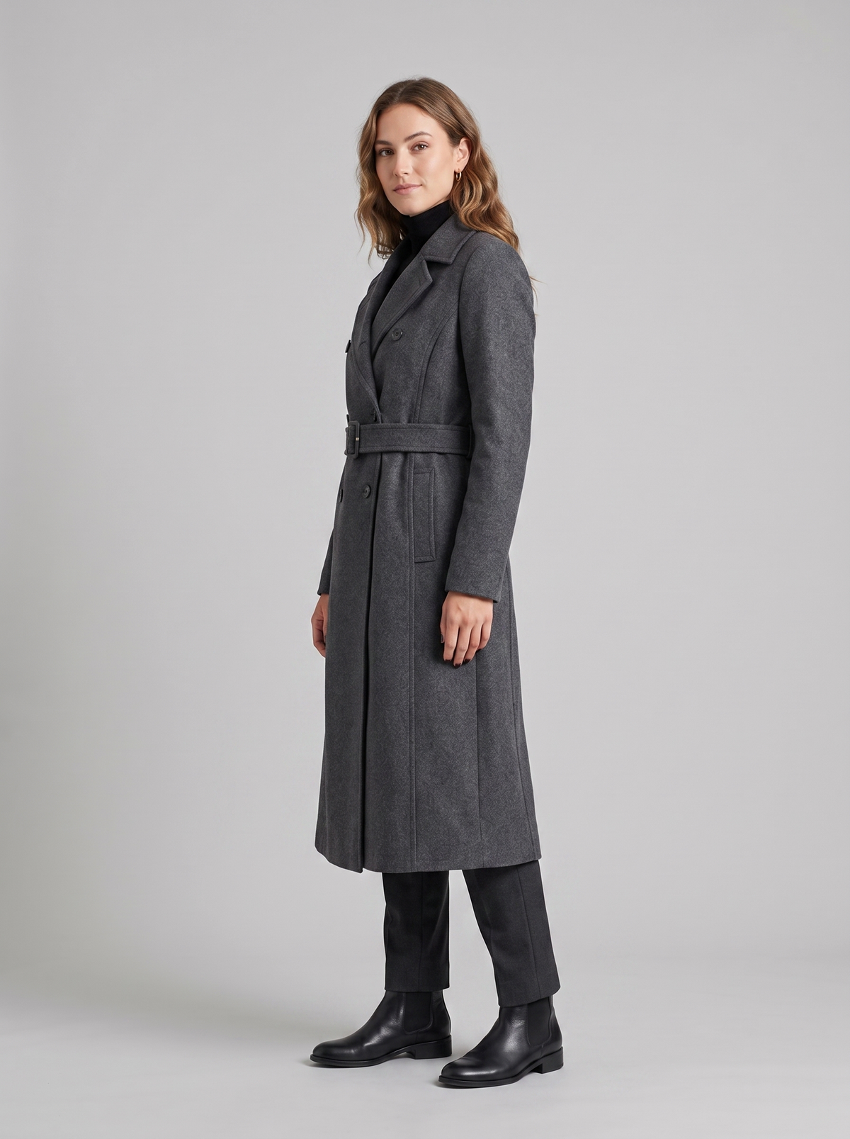 Thistlewood | Women's Longline Elegant Winter Coat, side three-quarter view, studio photo