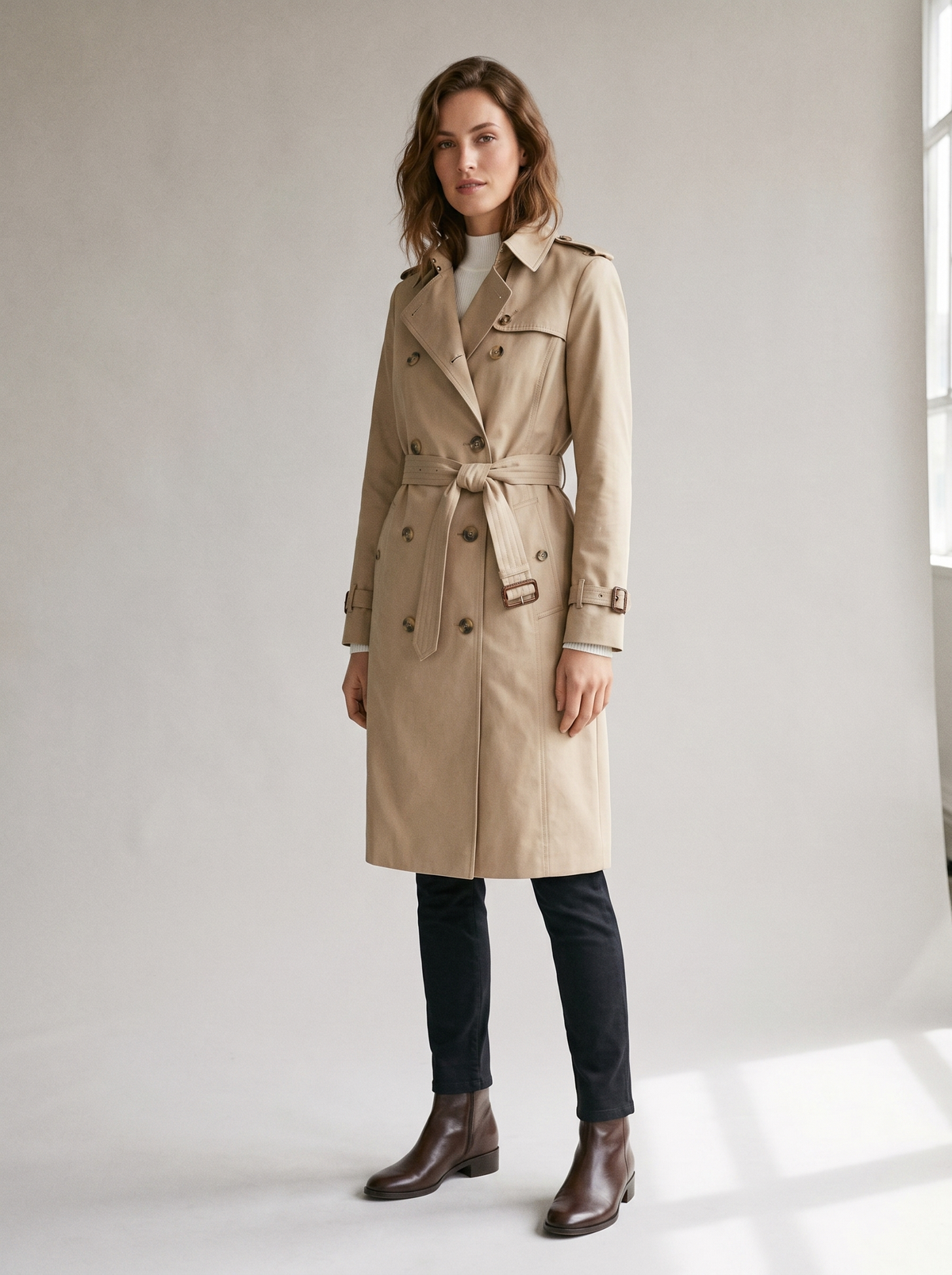 Fenwick | Women's Belted Trench Winter Coat, side three-quarter view, studio photo