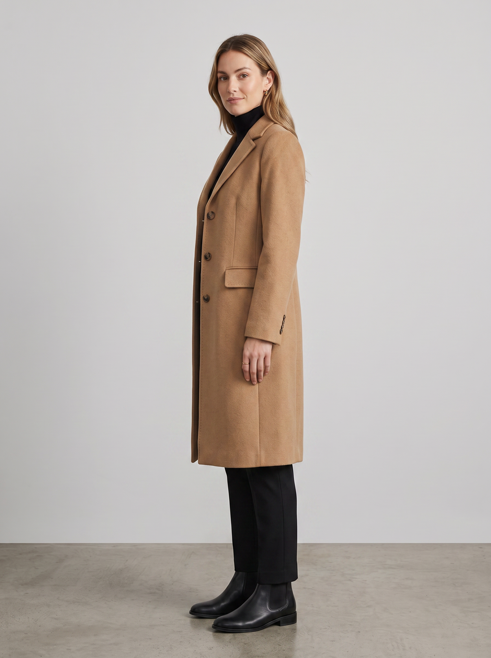 Hartley | Women's Wool Blend Winter Overcoat, side three-quarter view, studio photo