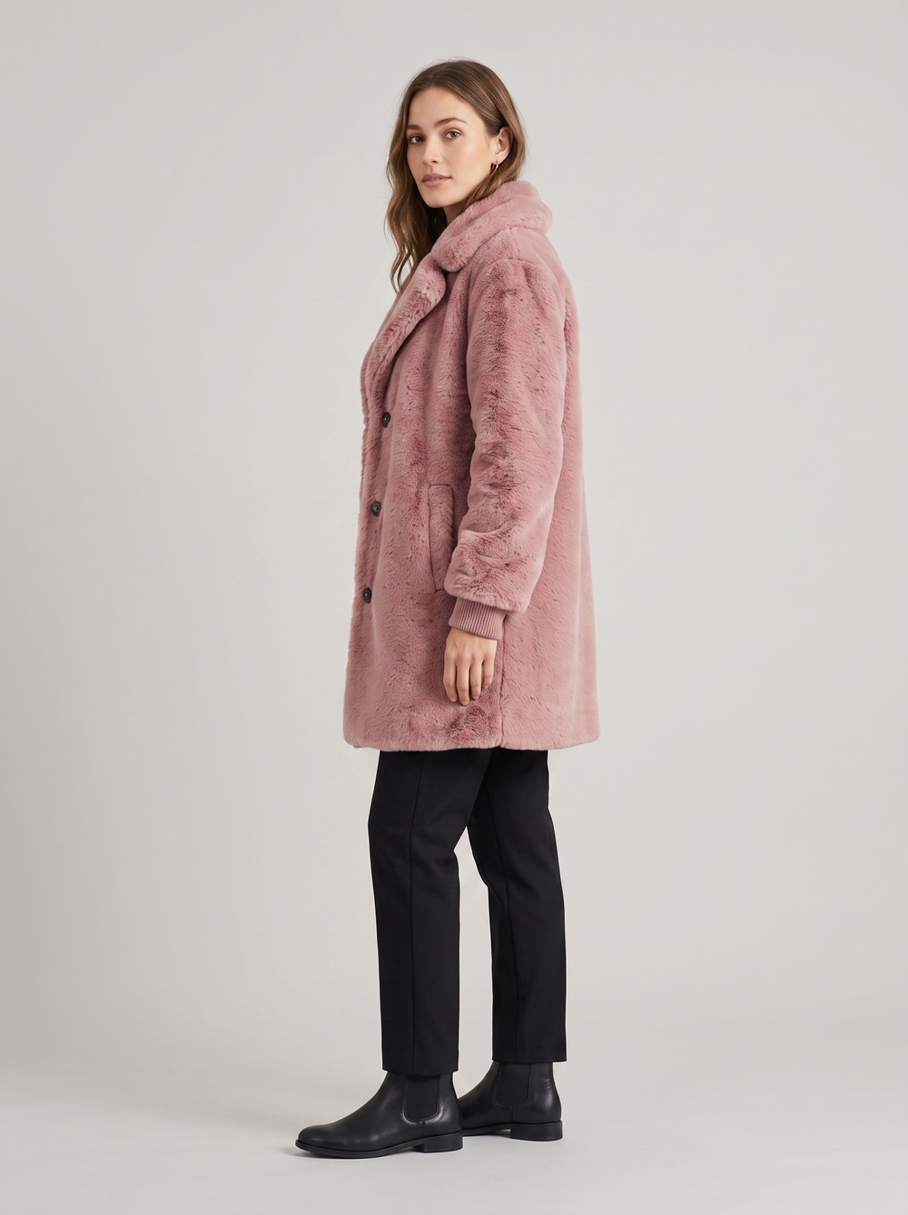 Elowen | Women's Faux Fur Statement Winter Coat, side three-quarter view, studio photo