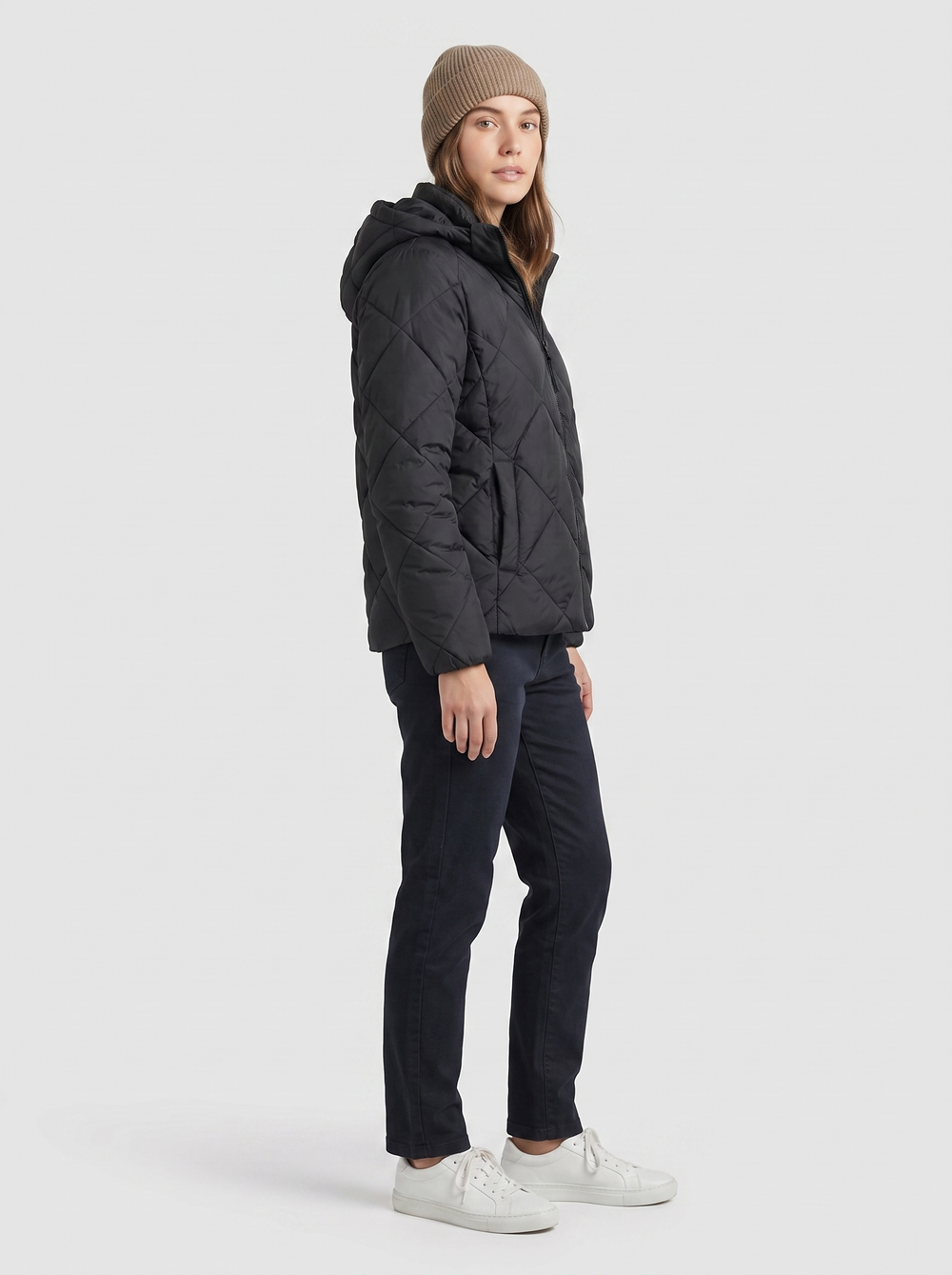 Corbin | Women's Quilted Puffer Winter Coat, side three-quarter view, studio photo