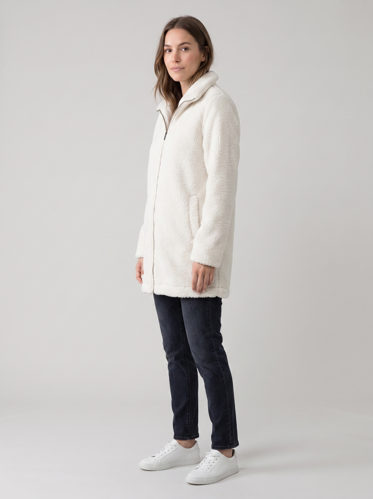 Linnea | Women's Teddy Fleece Winter Coat, side three-quarter view, studio photo
