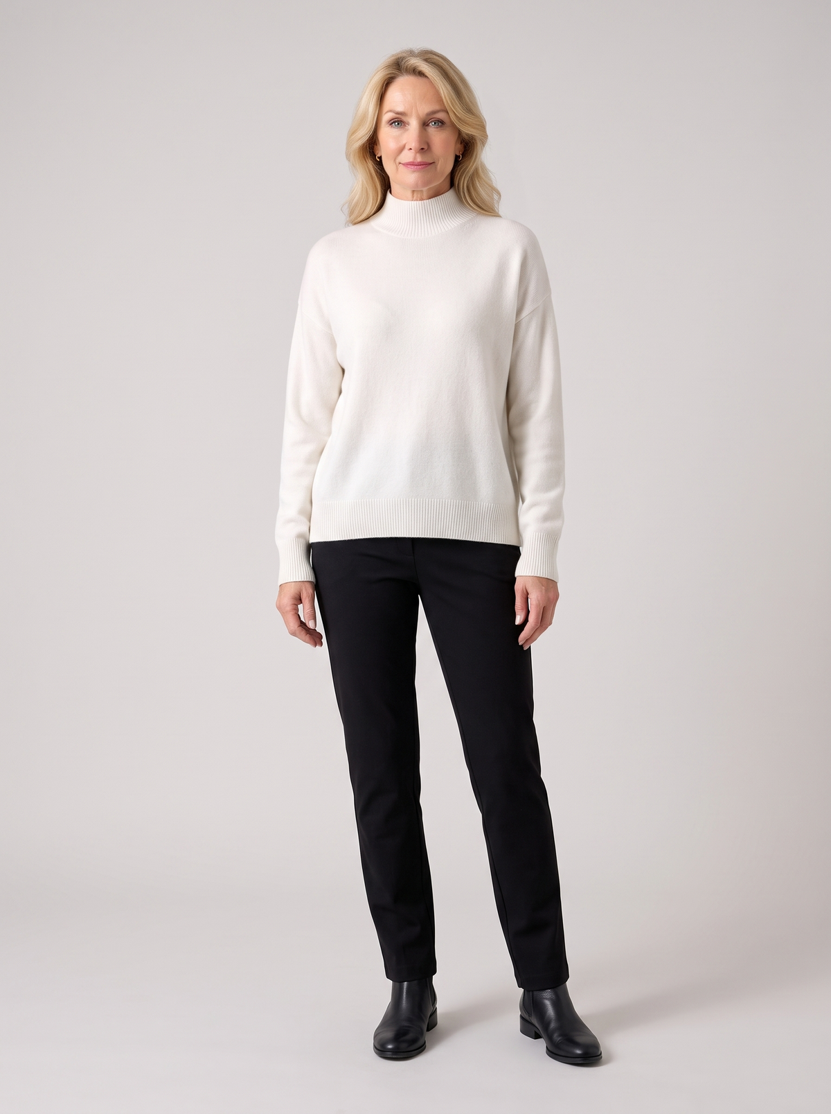 Elaine | Women's Cozy Mock-Neck Knit Sweater, worn by a model, full-length studio photo