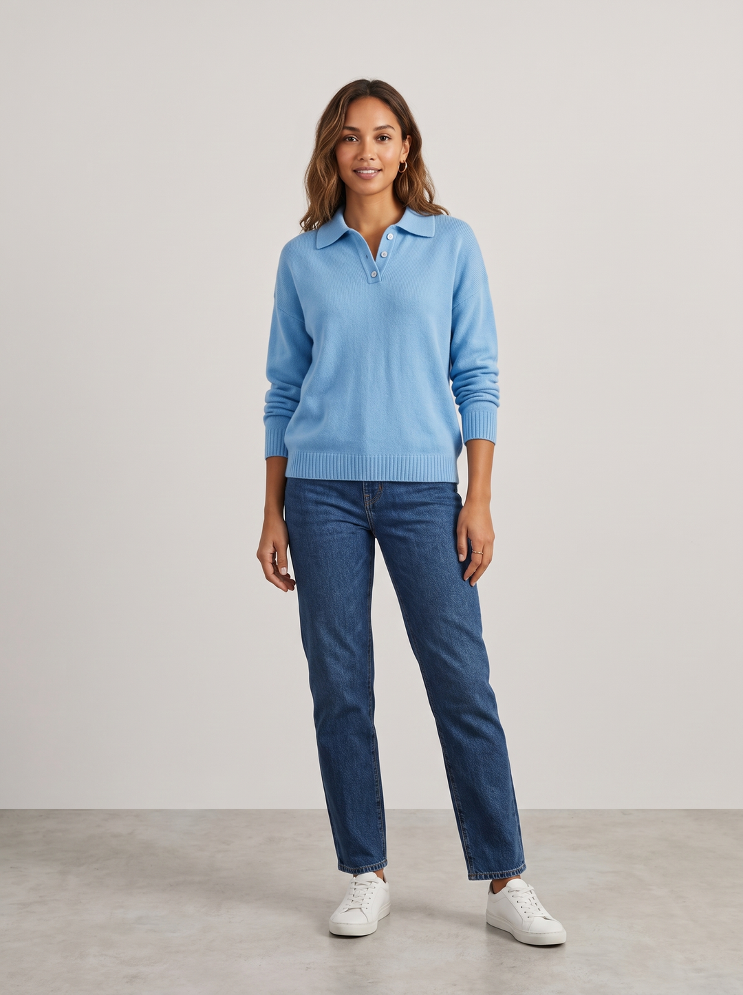 Kathleen | Women's Cozy Collared Knit Sweater, worn by a model, full-length studio photo