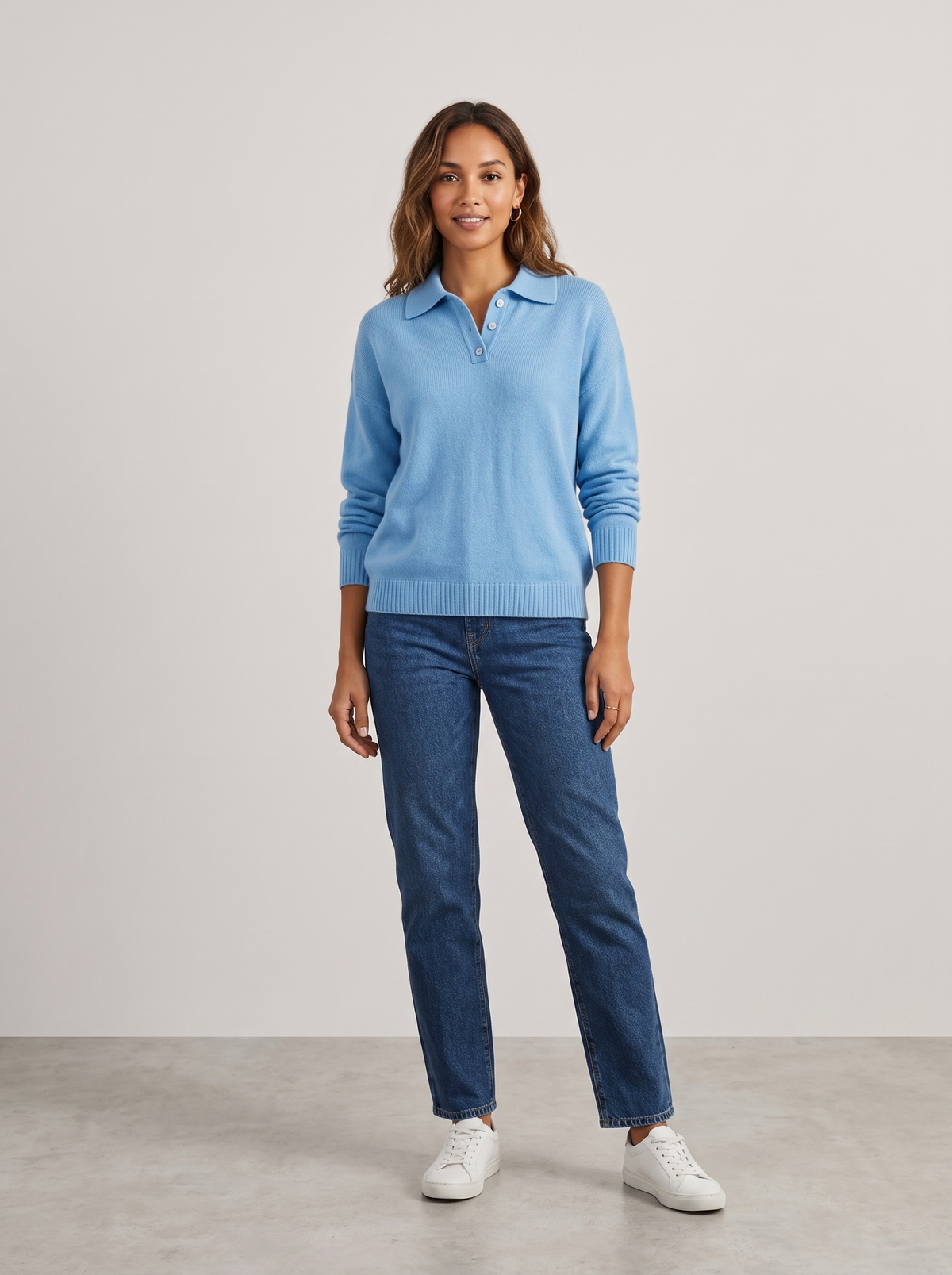 Kathleen | Women's Cozy Collared Knit Sweater, worn by a model, full-length studio photo