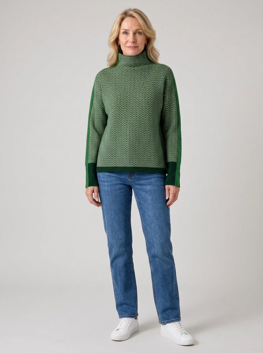Sandra | Women's Contrast High-Neck Sweater, worn by a model, full-length studio photo