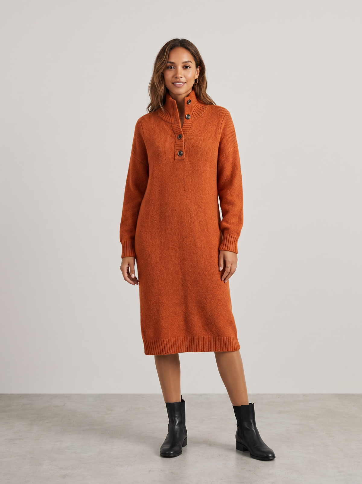 Elise | Women's Comfy Button-Up Sweater Dress, worn by a model, full-length studio photo