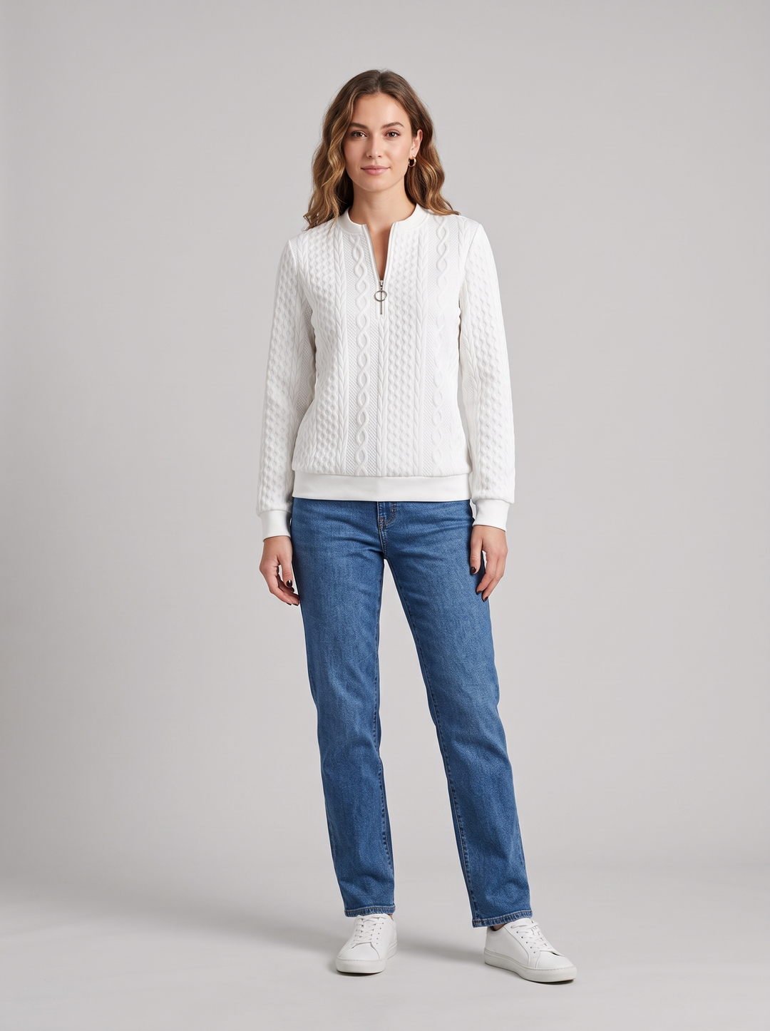 Heidi | Women's Cozy Textured Quarter-Zip Pullover, worn by a model, full-length studio photo