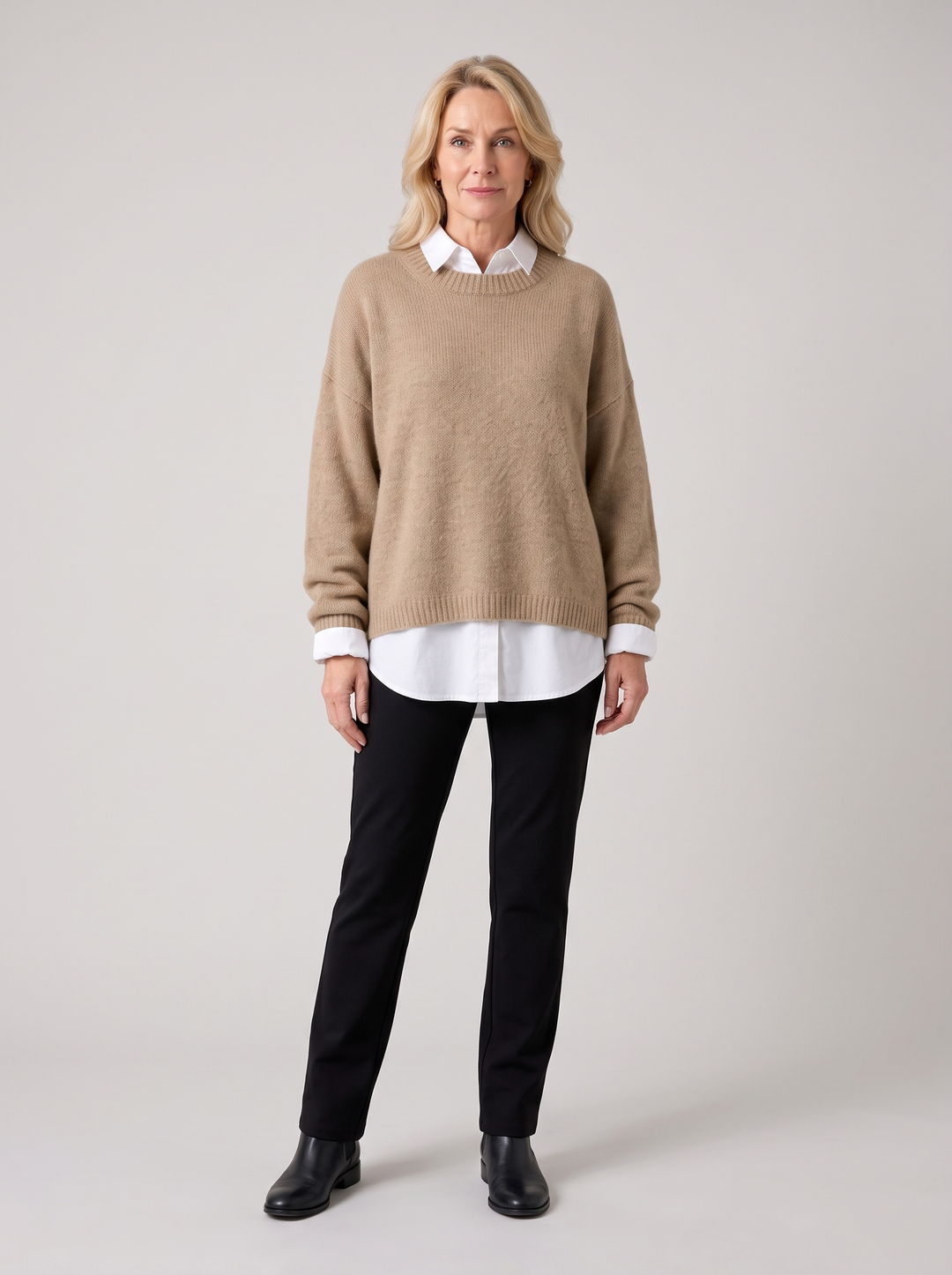 Eileen | Women's Layered Sweater with Collar, worn by a model, full-length studio photo