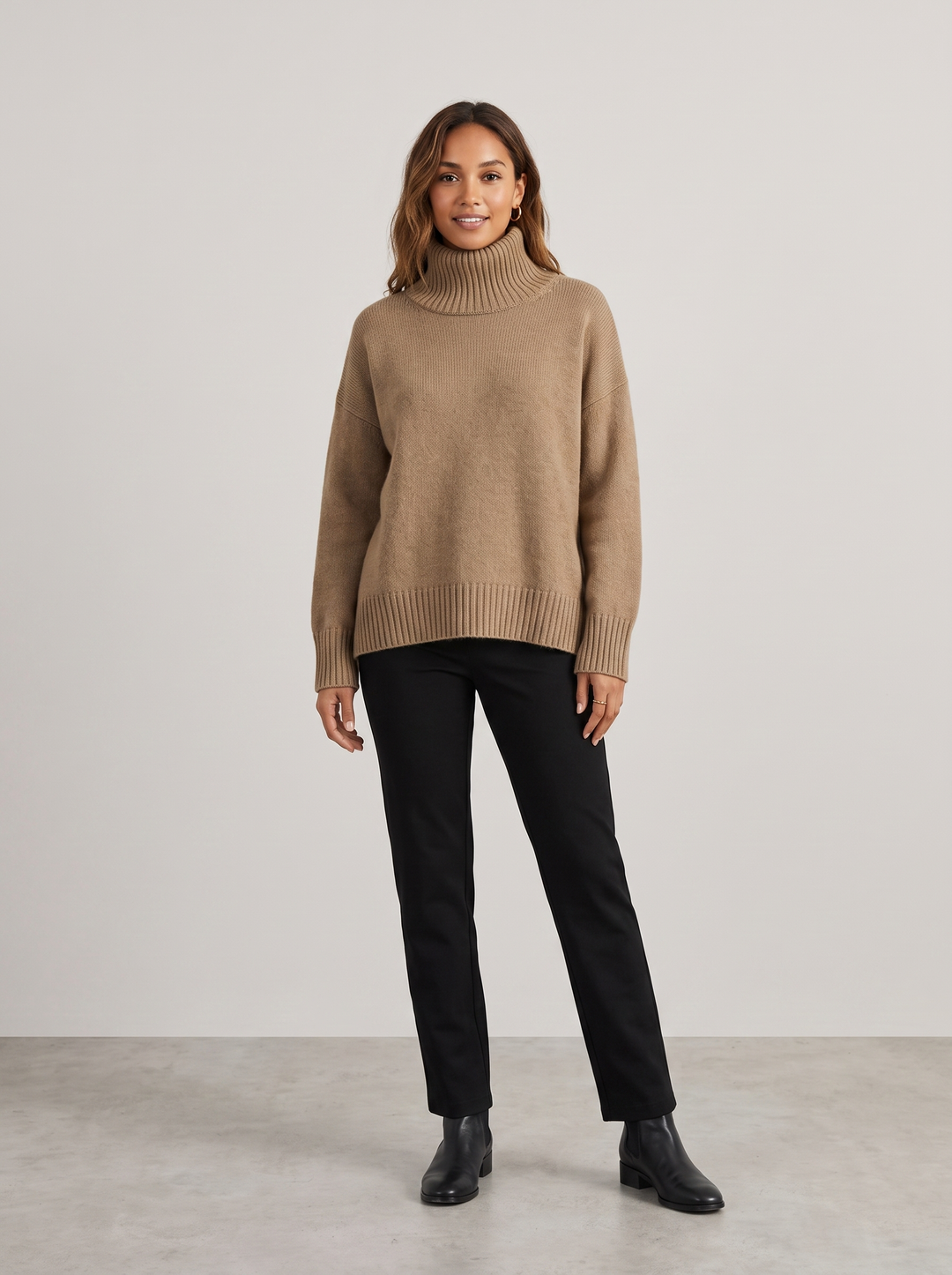 Cynthia | Women's Cozy Relaxed Fit Turtleneck Sweater, worn by a model, full-length studio photo