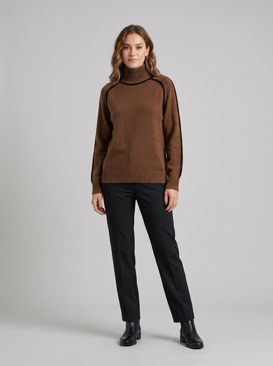Monica | Women's Two-Tone Turtleneck Sweater, worn by a model, full-length studio photo