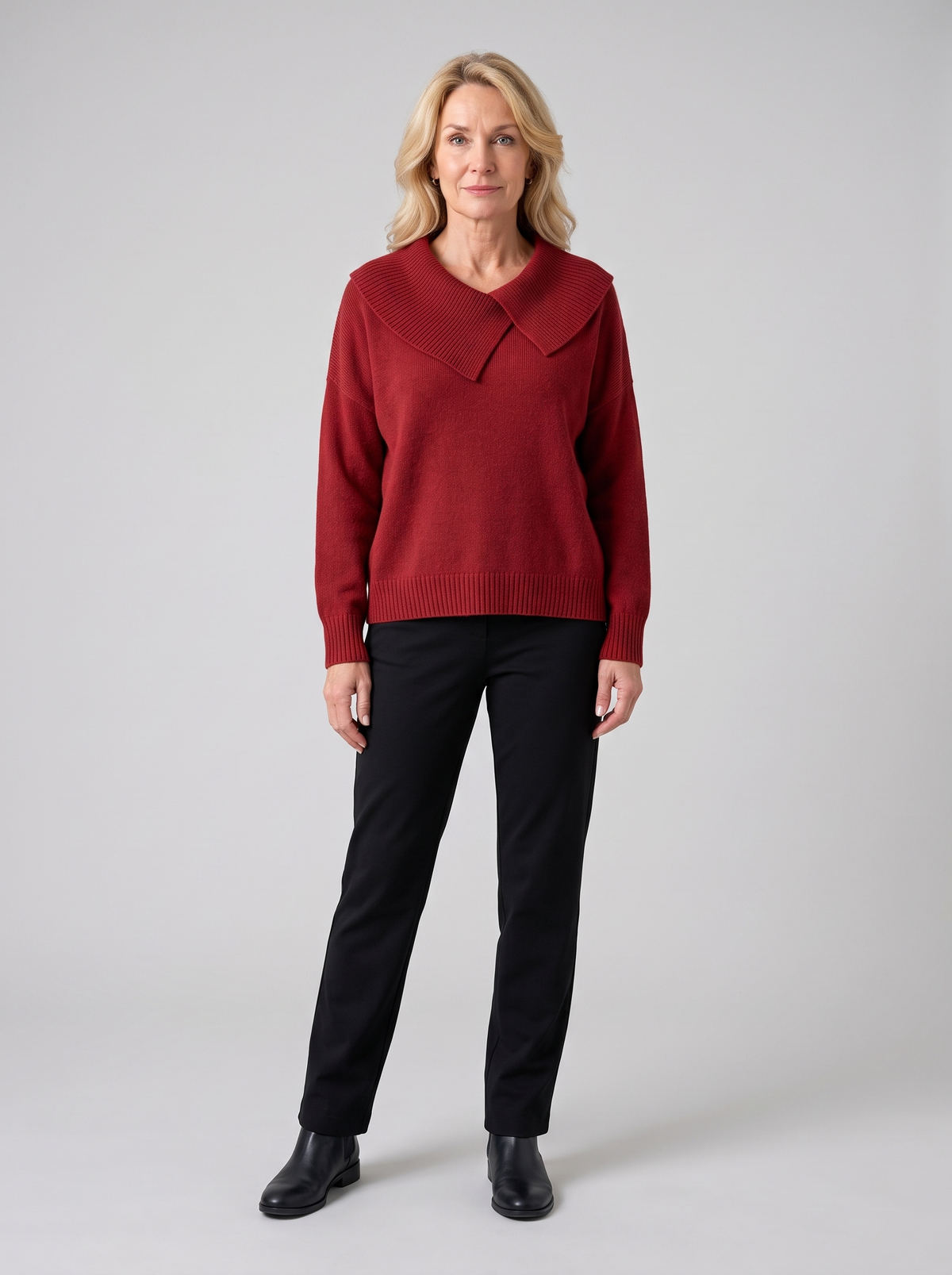 Joanne | Women's Cozy Soft-Collar Sweater, worn by a model, full-length studio photo