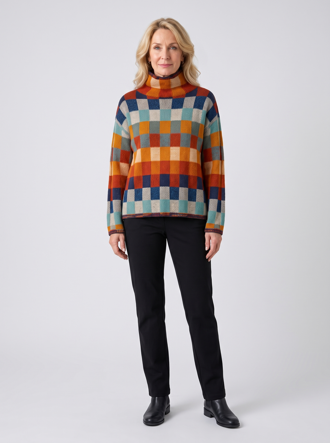 Gloria | Women's Vibrant Plaid Turtleneck Knit Sweater, worn by a model, full-length studio photo