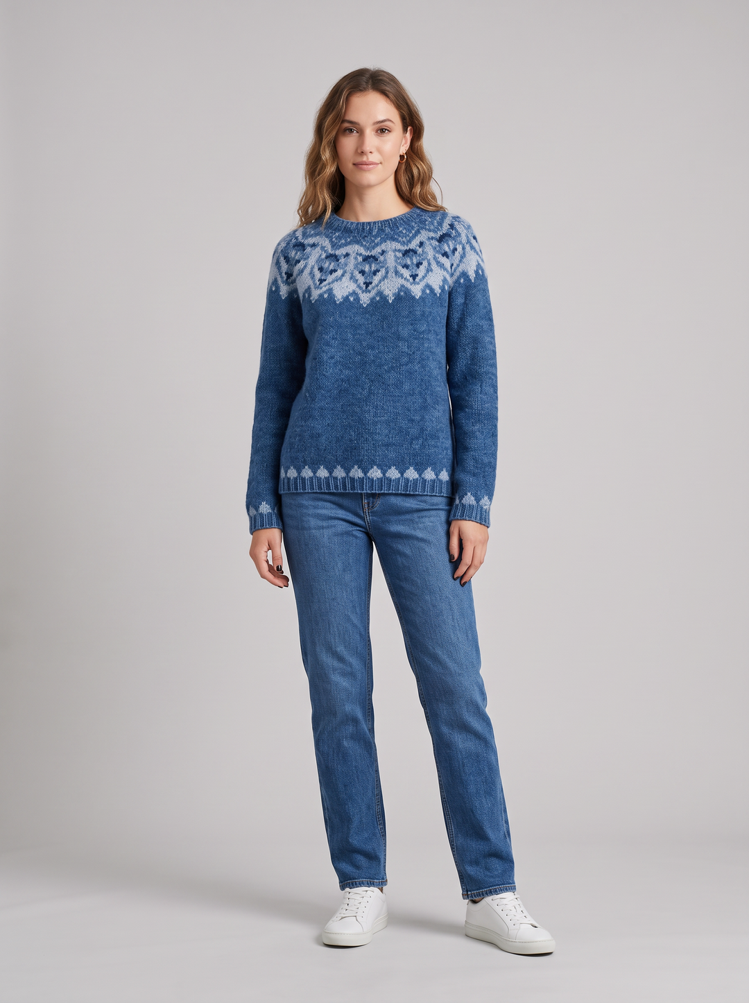 Darlene | Women's Timeless Fair Isle Knit Sweater, worn by a model, full-length studio photo