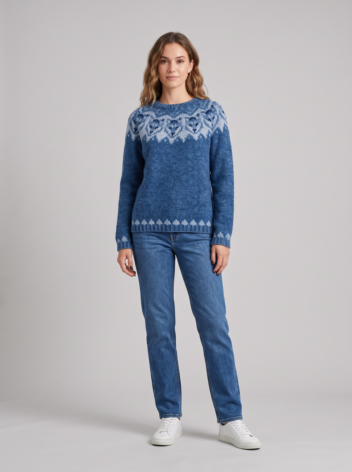 Darlene | Women's Timeless Fair Isle Knit Sweater, worn by a model, full-length studio photo