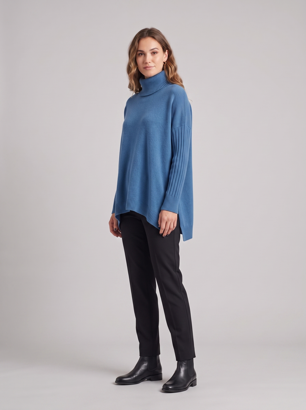 Maribel | Women's Cozy Turtleneck Knit Sweater, side three-quarter view, studio photo
