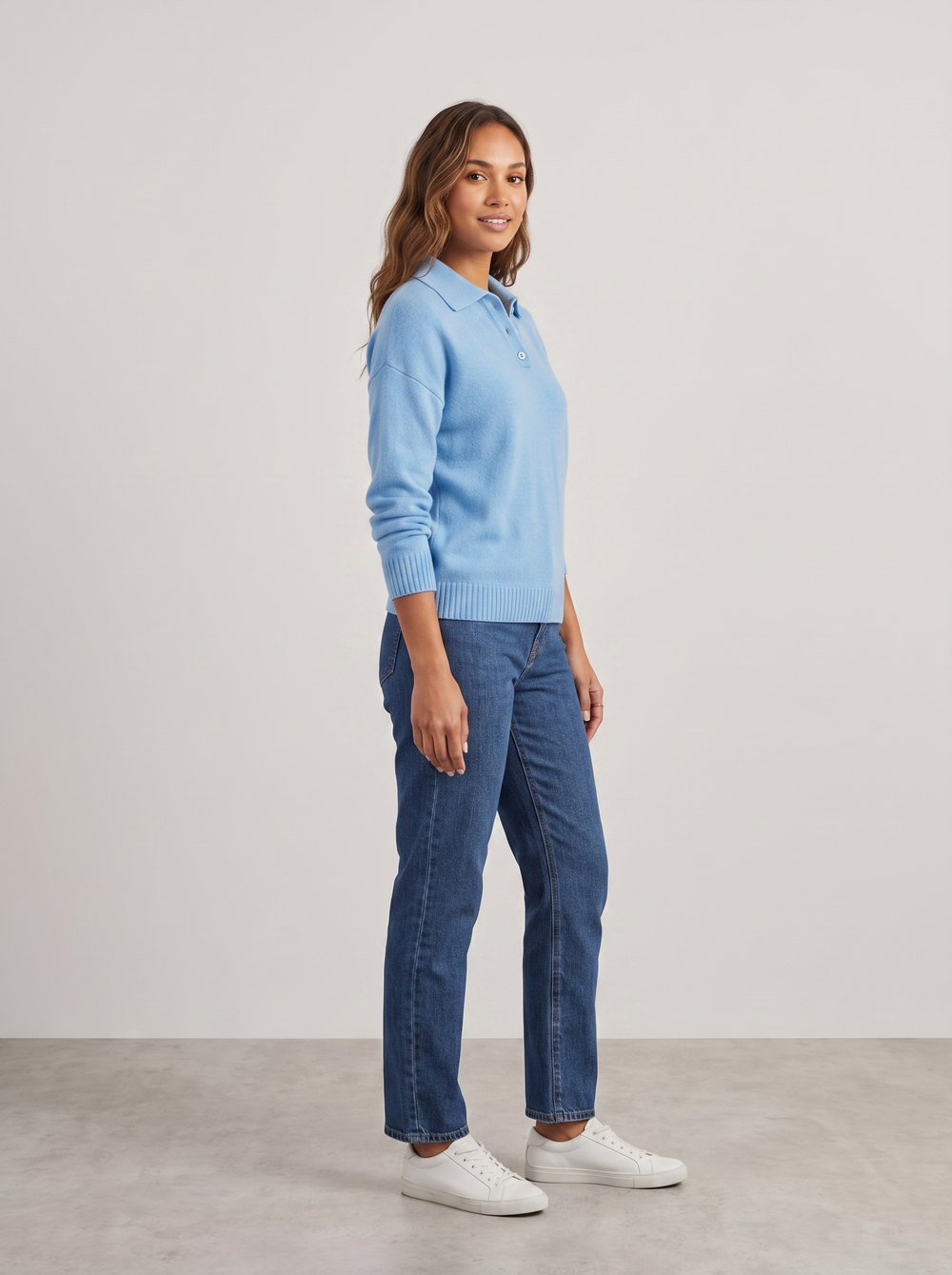 Kathleen | Women's Cozy Collared Knit Sweater, side three-quarter view, studio photo