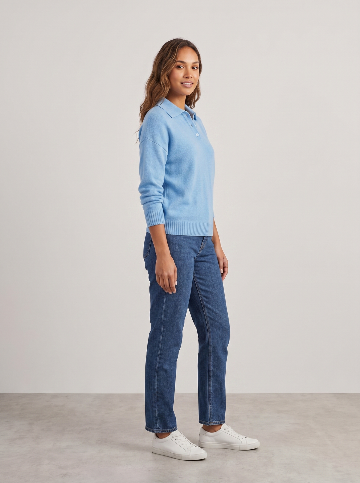 Kathleen | Women's Cozy Collared Knit Sweater, side three-quarter view, studio photo