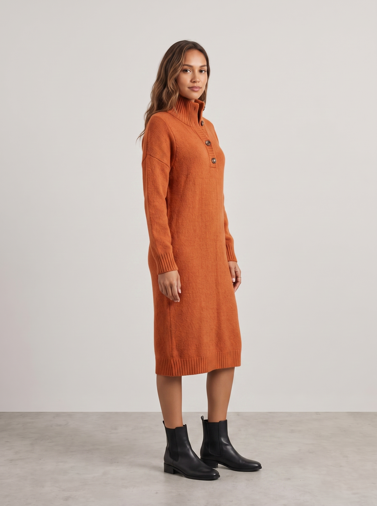 Elise | Women's Comfy Button-Up Sweater Dress, side three-quarter view, studio photo