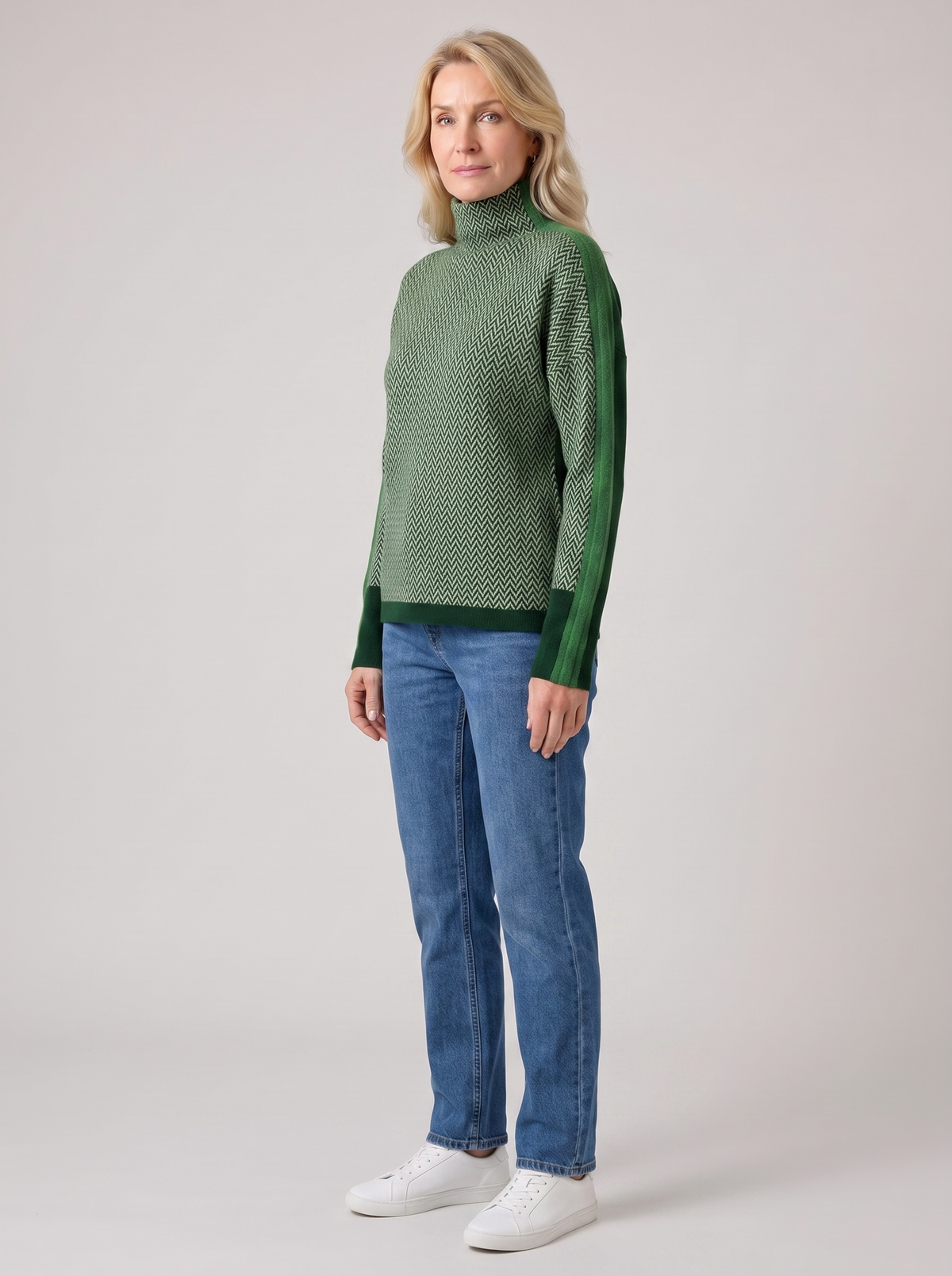 Sandra | Women's Contrast High-Neck Sweater, side three-quarter view, studio photo