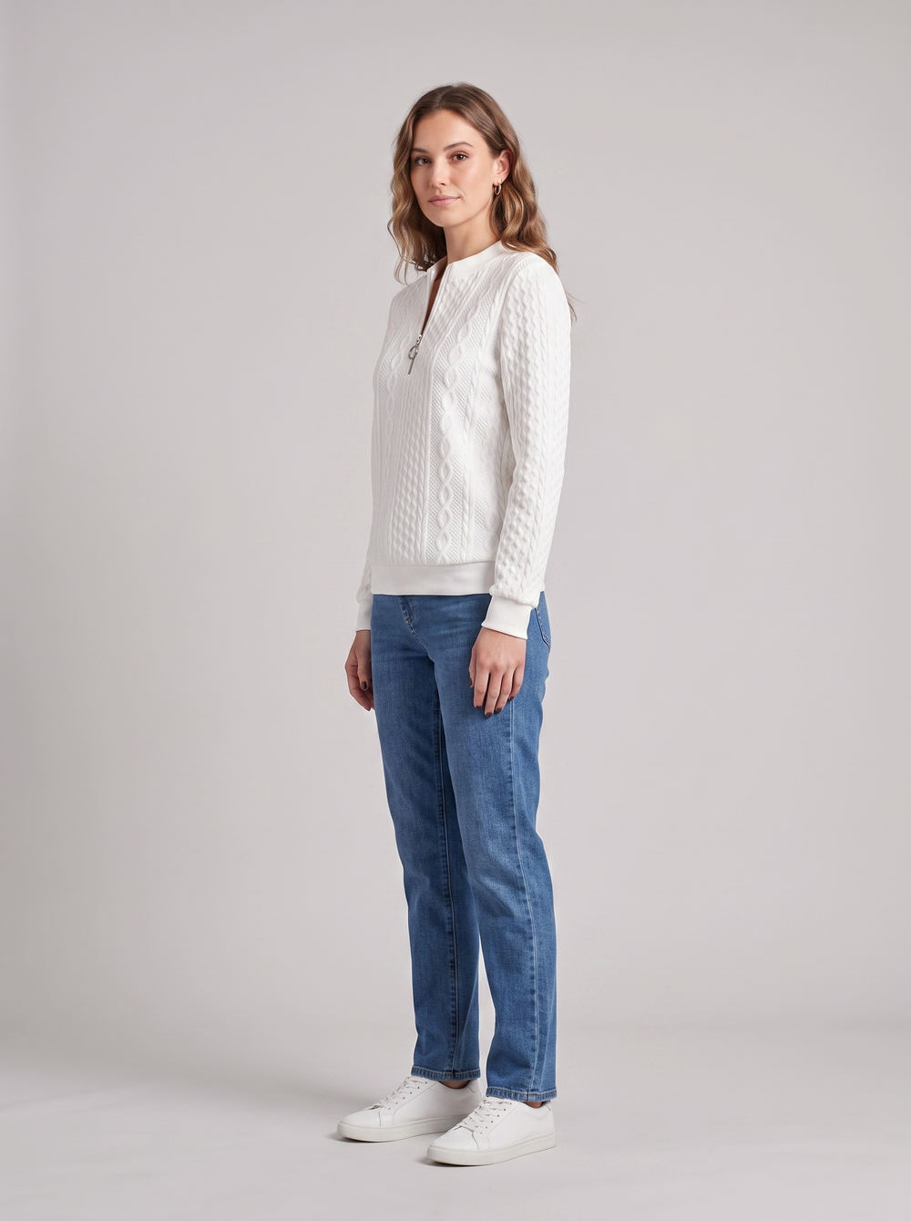 Heidi | Women's Cozy Textured Quarter-Zip Pullover, side three-quarter view, studio photo