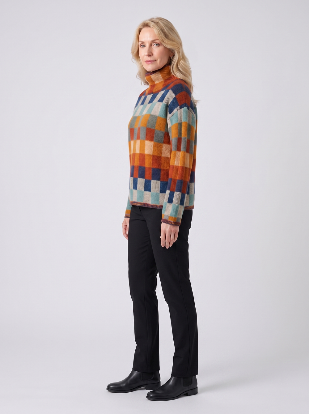 Gloria | Women's Vibrant Plaid Turtleneck Knit Sweater, side three-quarter view, studio photo