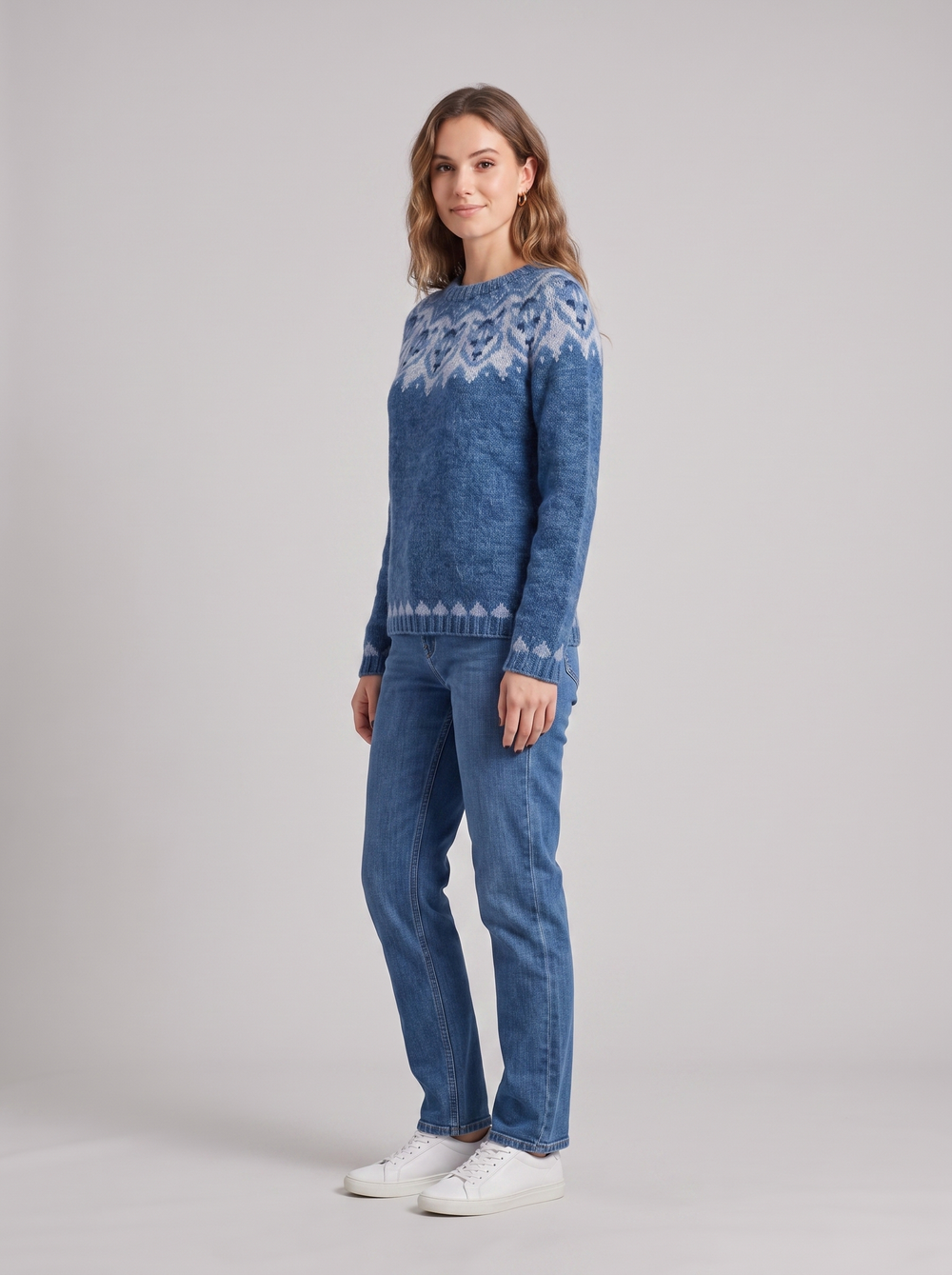 Darlene | Women's Timeless Fair Isle Knit Sweater, side three-quarter view, studio photo