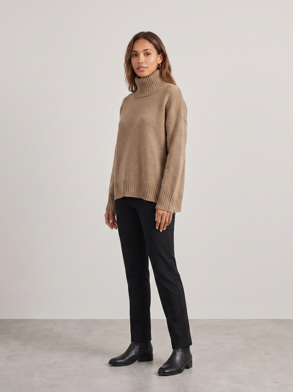 Cynthia | Women's Cozy Relaxed Fit Turtleneck Sweater, side three-quarter view, studio photo