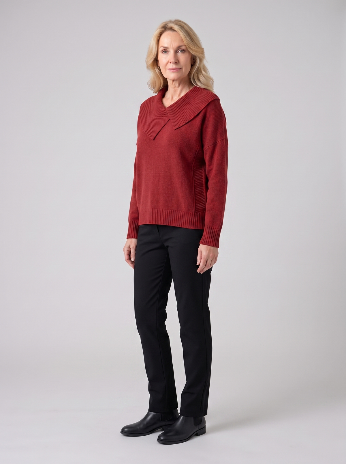 Joanne | Women's Cozy Soft-Collar Sweater, side three-quarter view, studio photo