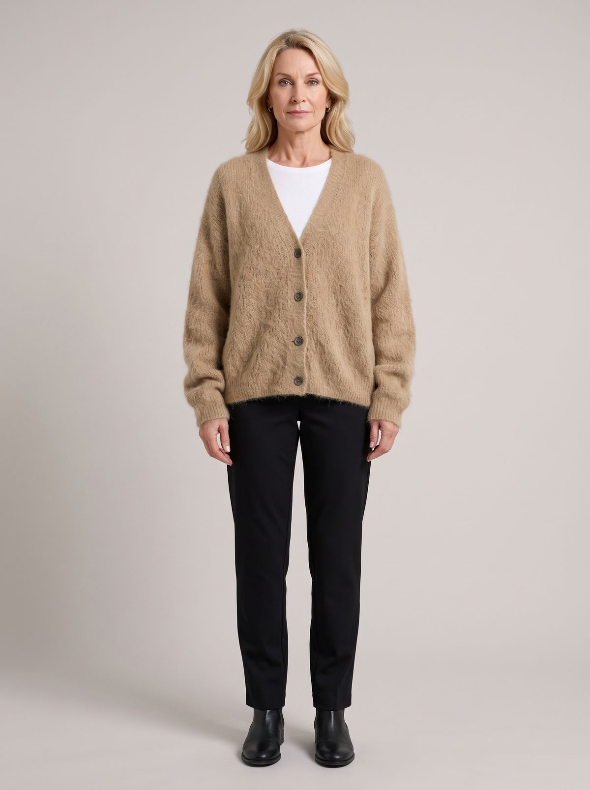 Janice | Women's Button-Up Knit Cardigan, worn by a model, full-length studio photo
