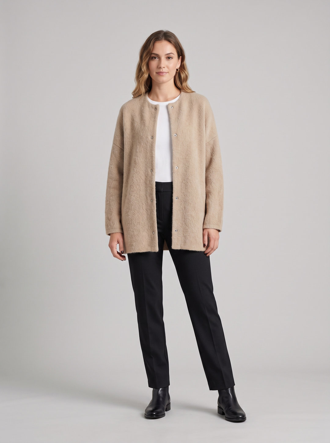 Lorraine | Women's Textured Button Cardigan, worn by a model, full-length studio photo