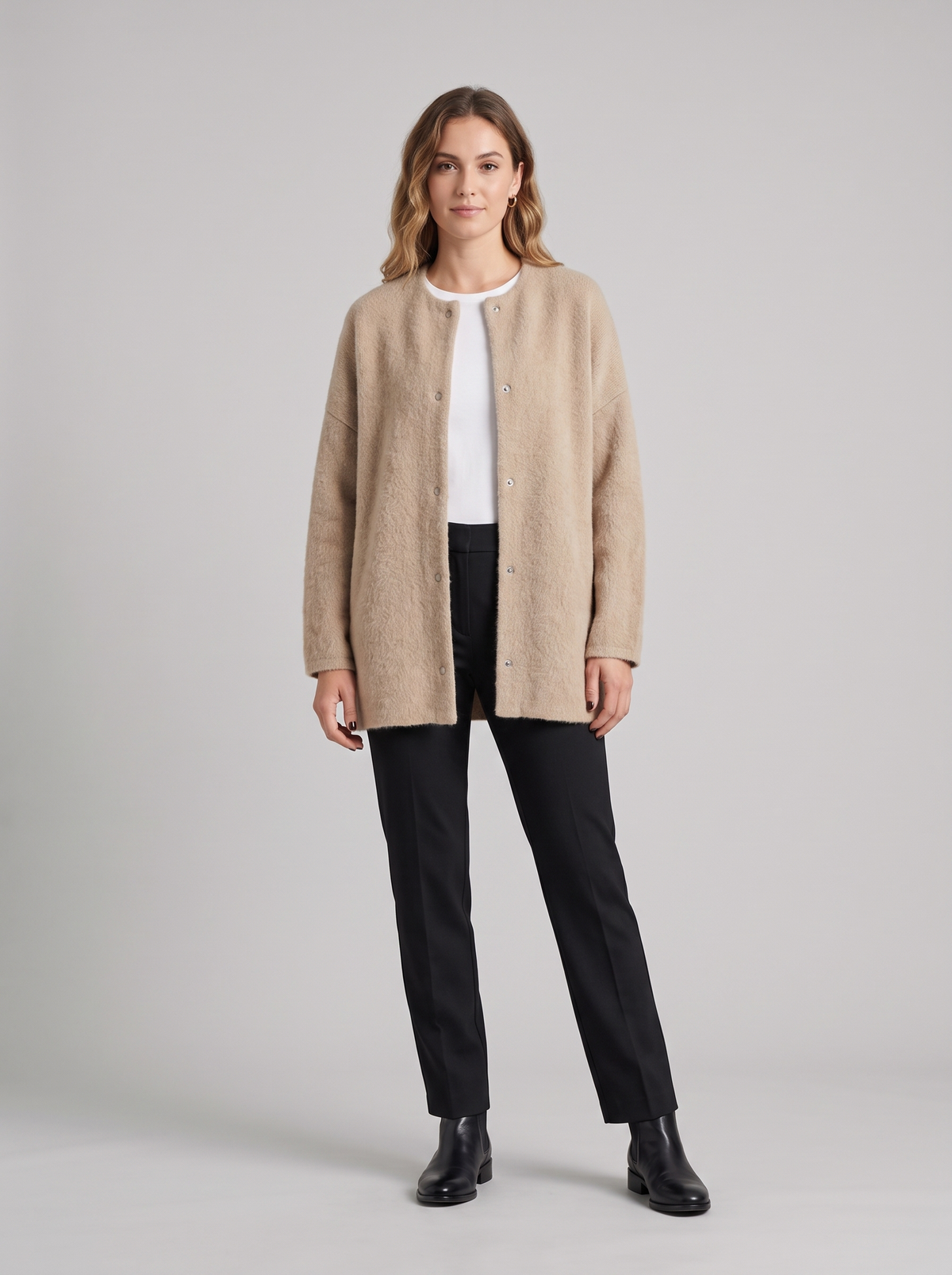 Lorraine | Women's Textured Button Cardigan, worn by a model, full-length studio photo