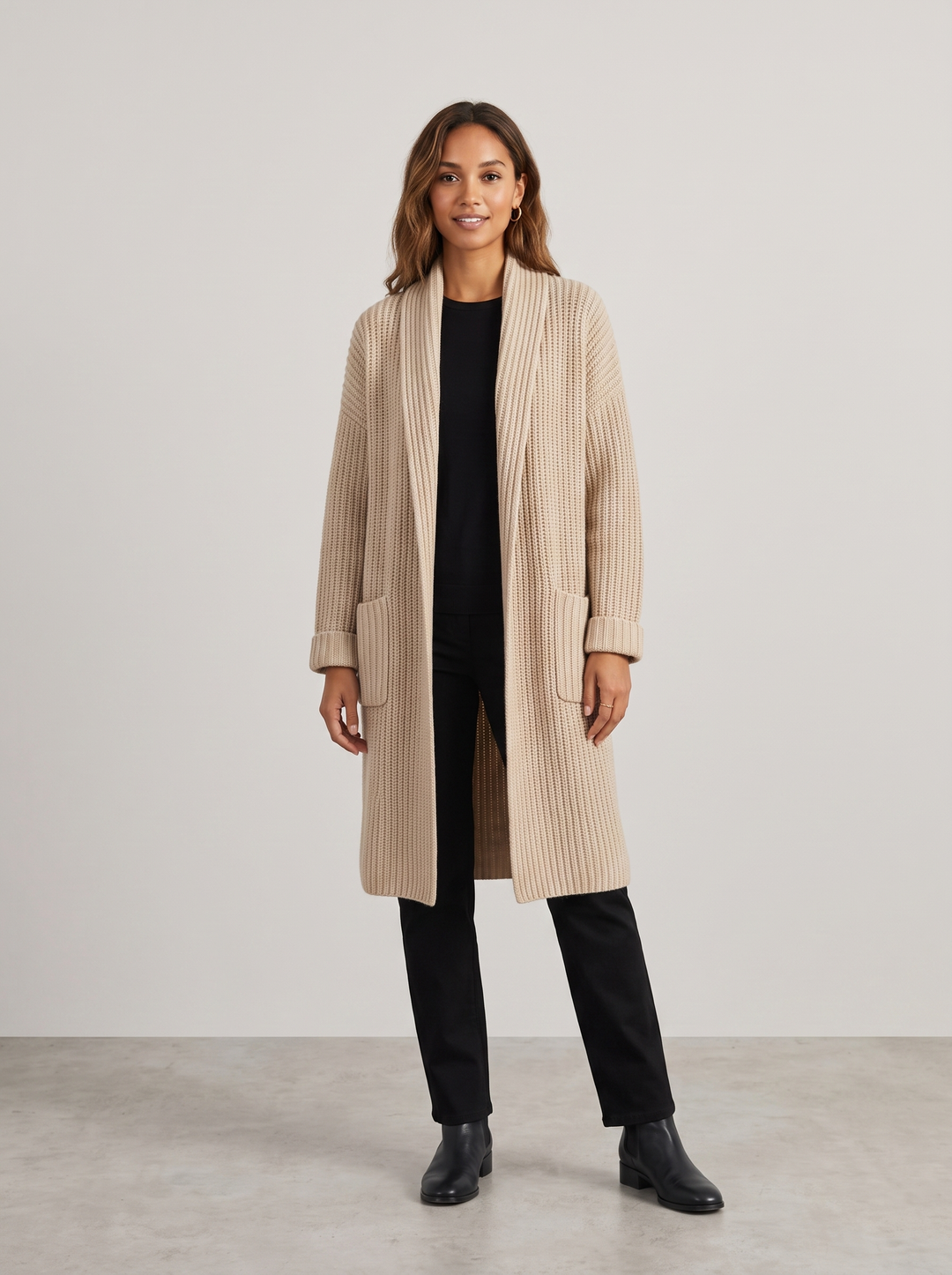 Theresa | Women's Snug Cardigan Coat, worn by a model, full-length studio photo
