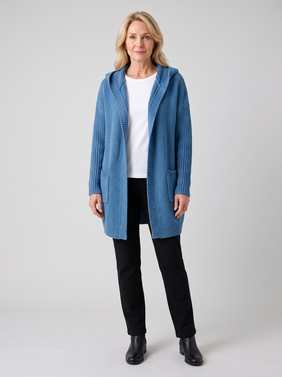 Jillian | Women's Cozy Oversized Hooded Cardigan, worn by a model, full-length studio photo