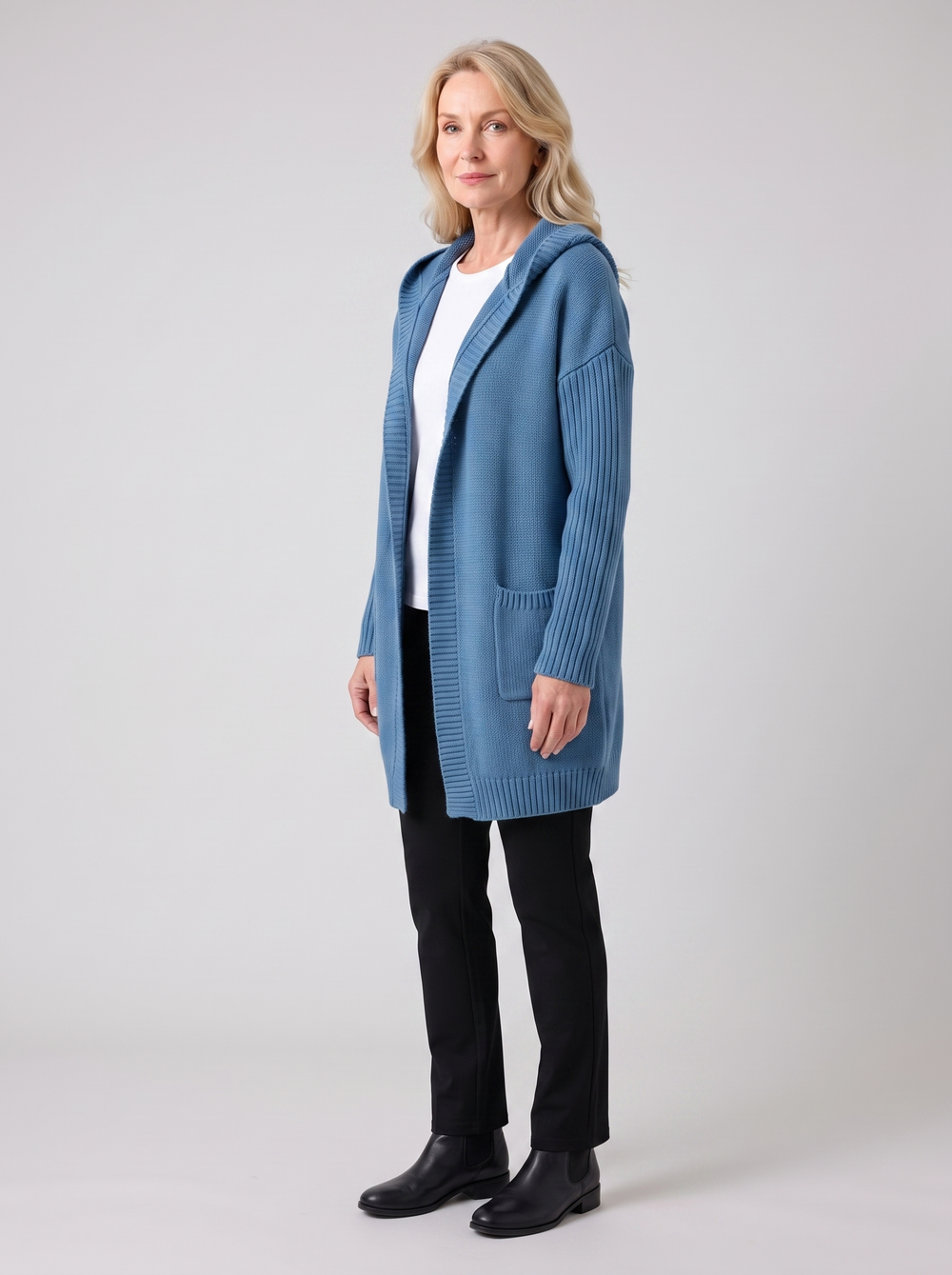 Jillian | Women's Cozy Oversized Hooded Cardigan, side three-quarter view, studio photo