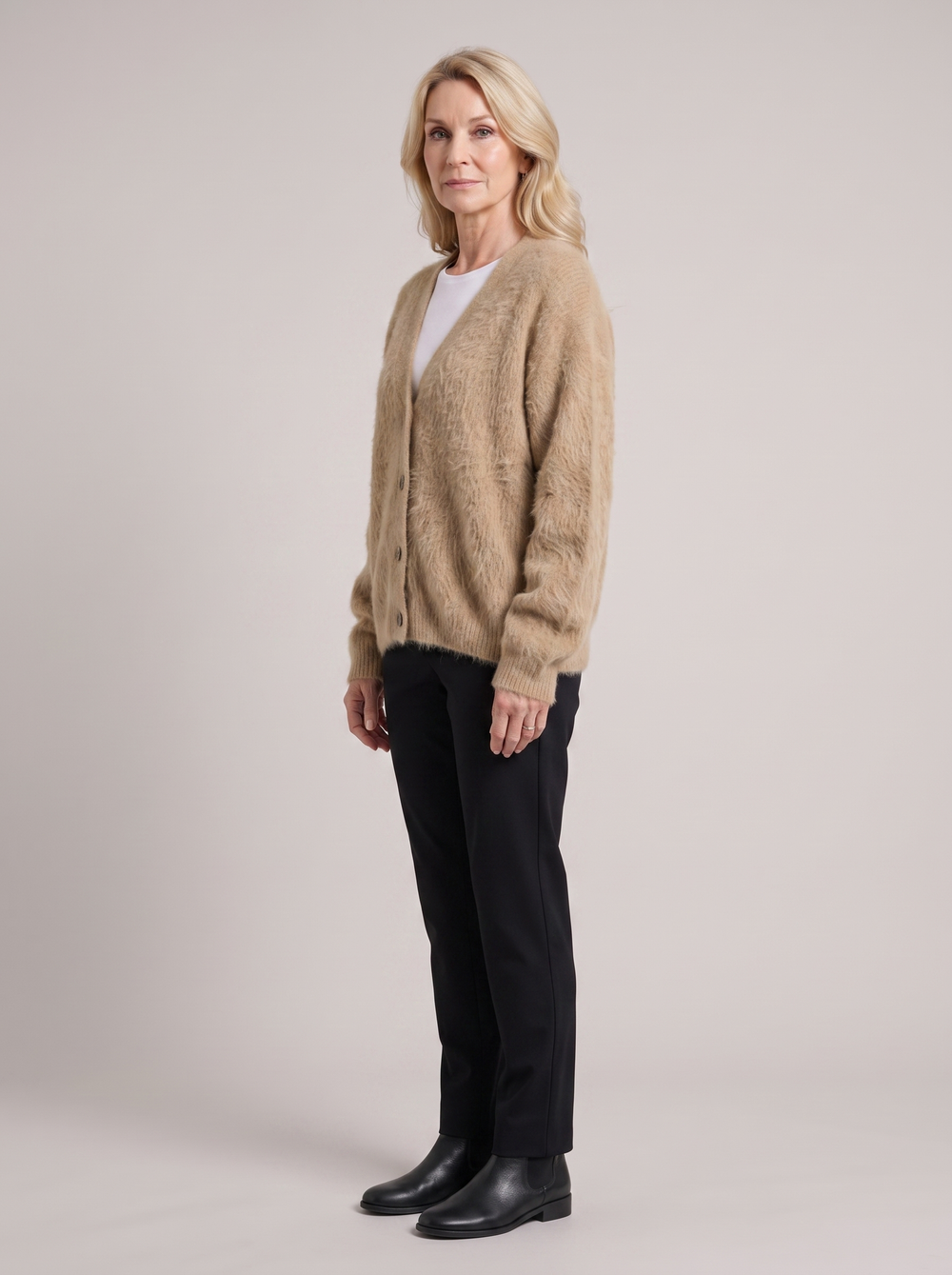 Janice | Women's Button-Up Knit Cardigan, side three-quarter view, studio photo