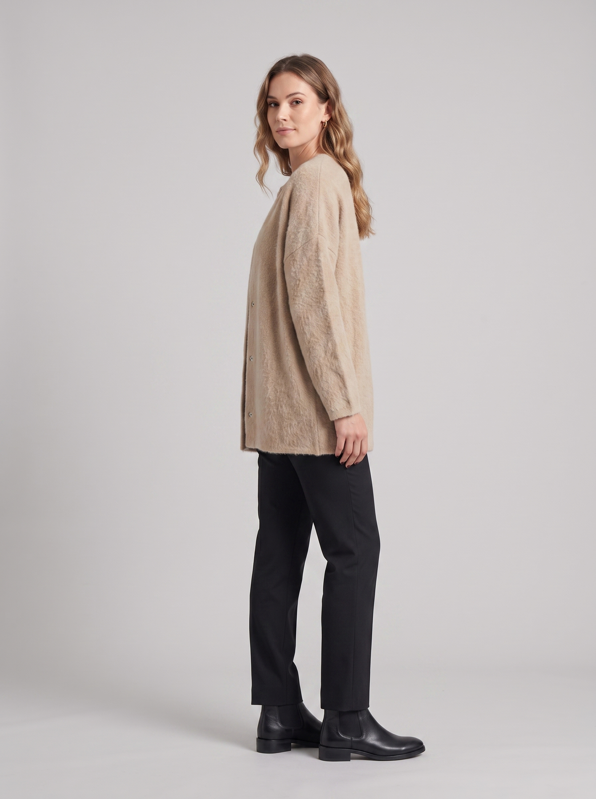 Lorraine | Women's Textured Button Cardigan, side three-quarter view, studio photo