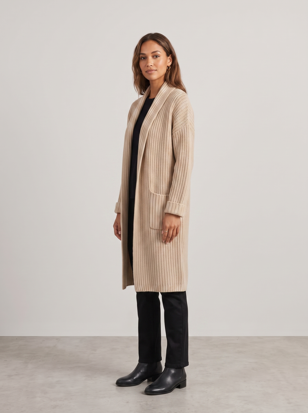 Theresa | Women's Snug Cardigan Coat, side three-quarter view, studio photo