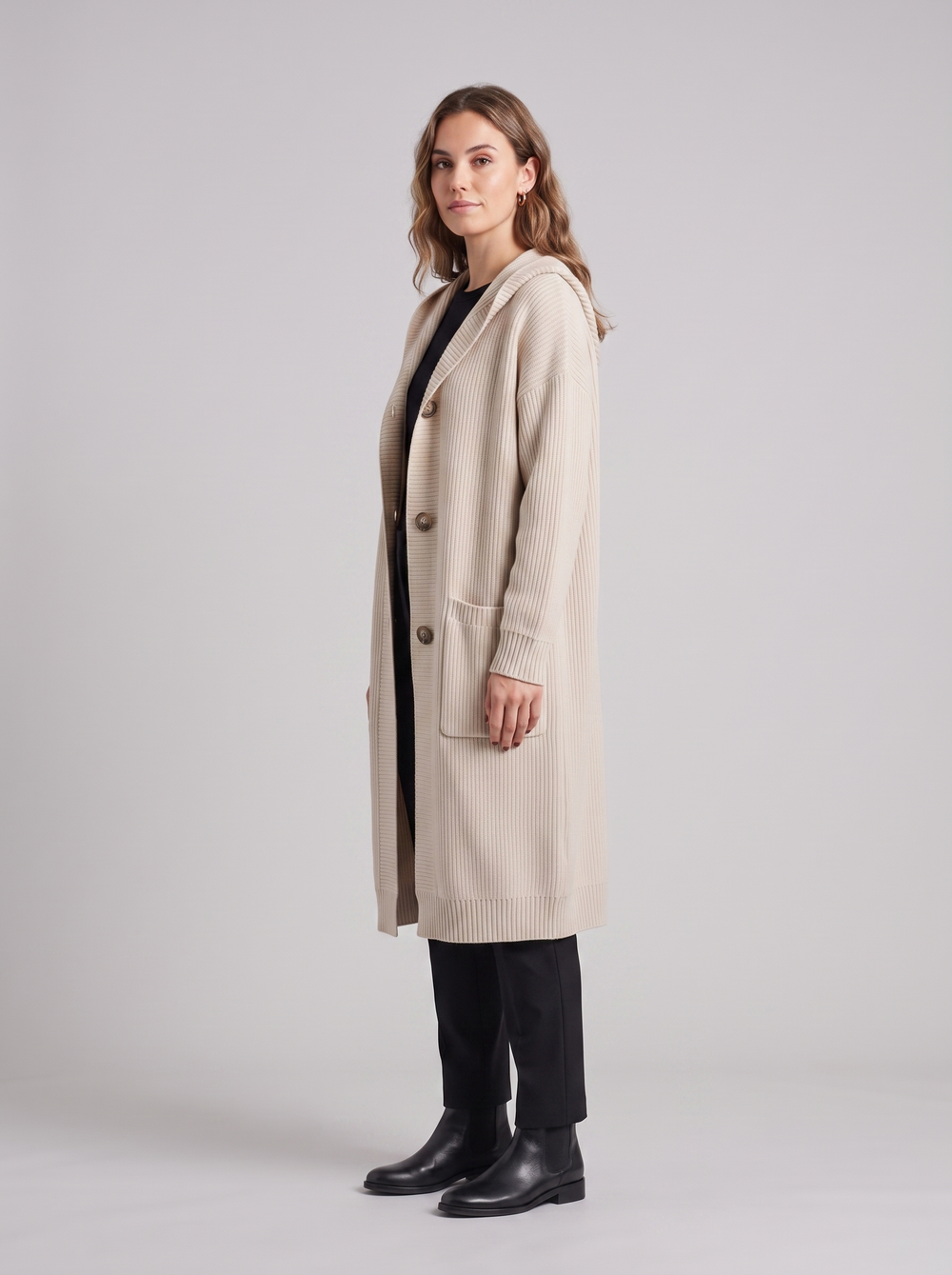 Catherine | Women's Extended Knit Cardigan, side three-quarter view, studio photo