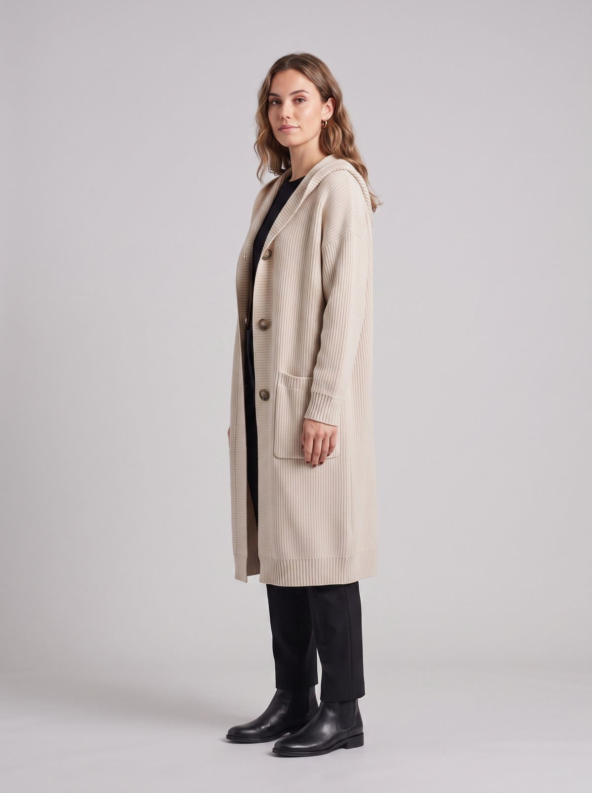 Catherine | Women's Extended Knit Cardigan, side three-quarter view, studio photo