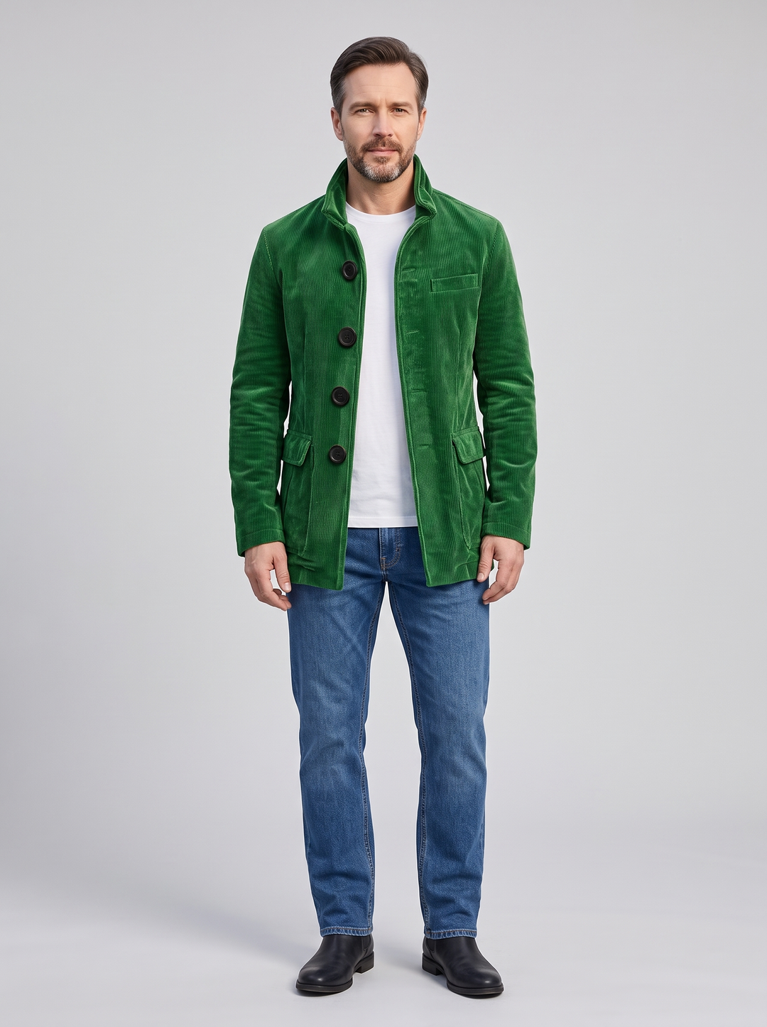 Men's Retro Corduroy Jacket, worn by a model, full-length studio photo