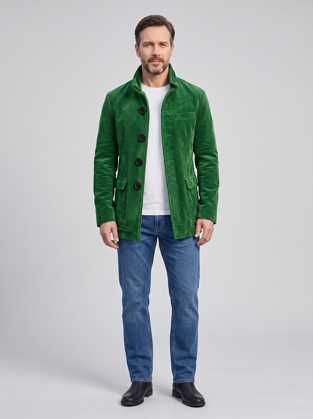 Men's Retro Corduroy Jacket, worn by a model, full-length studio photo
