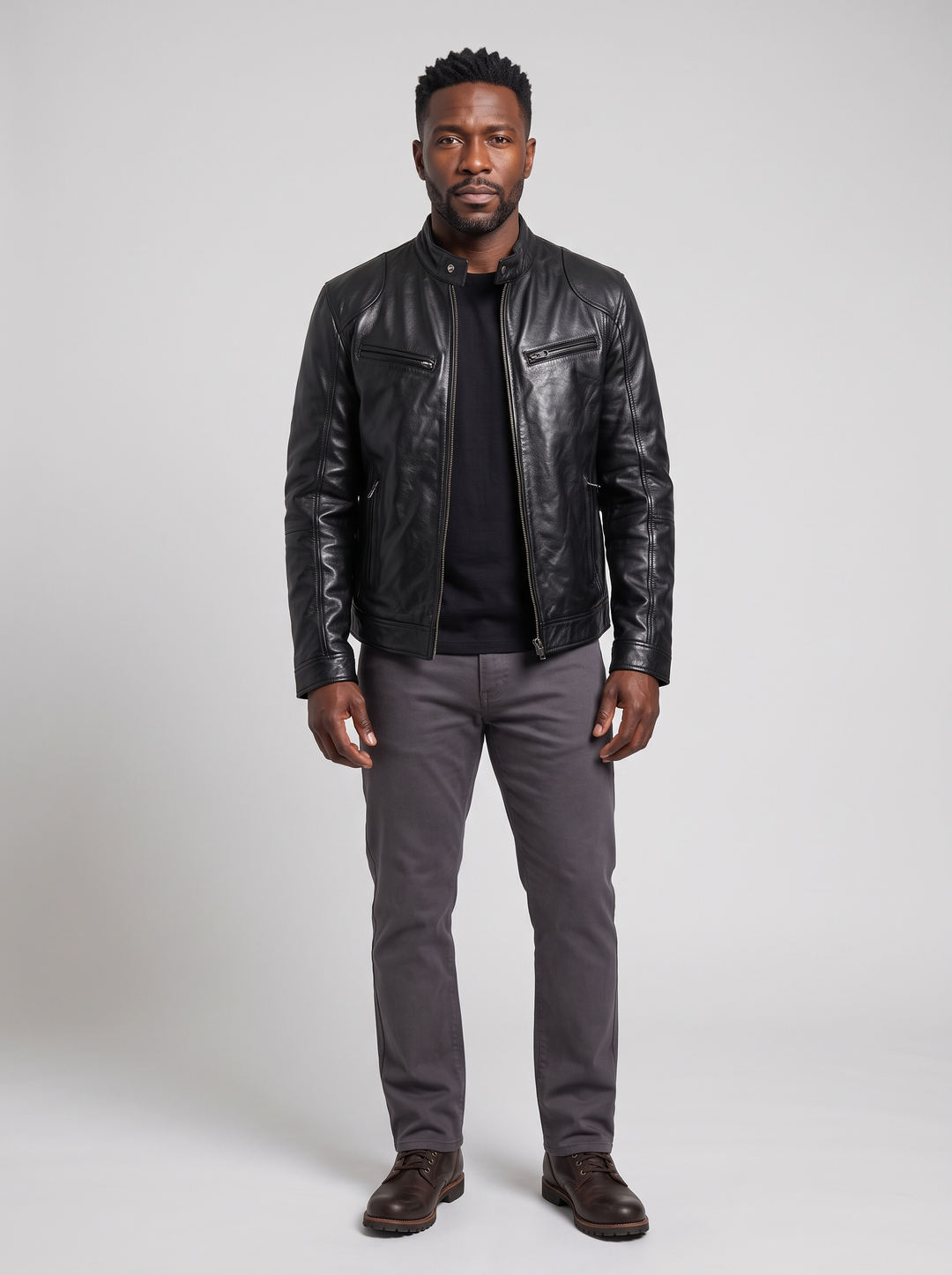 Men's Premium Leather Biker Jacket, worn by a model, full-length studio photo
