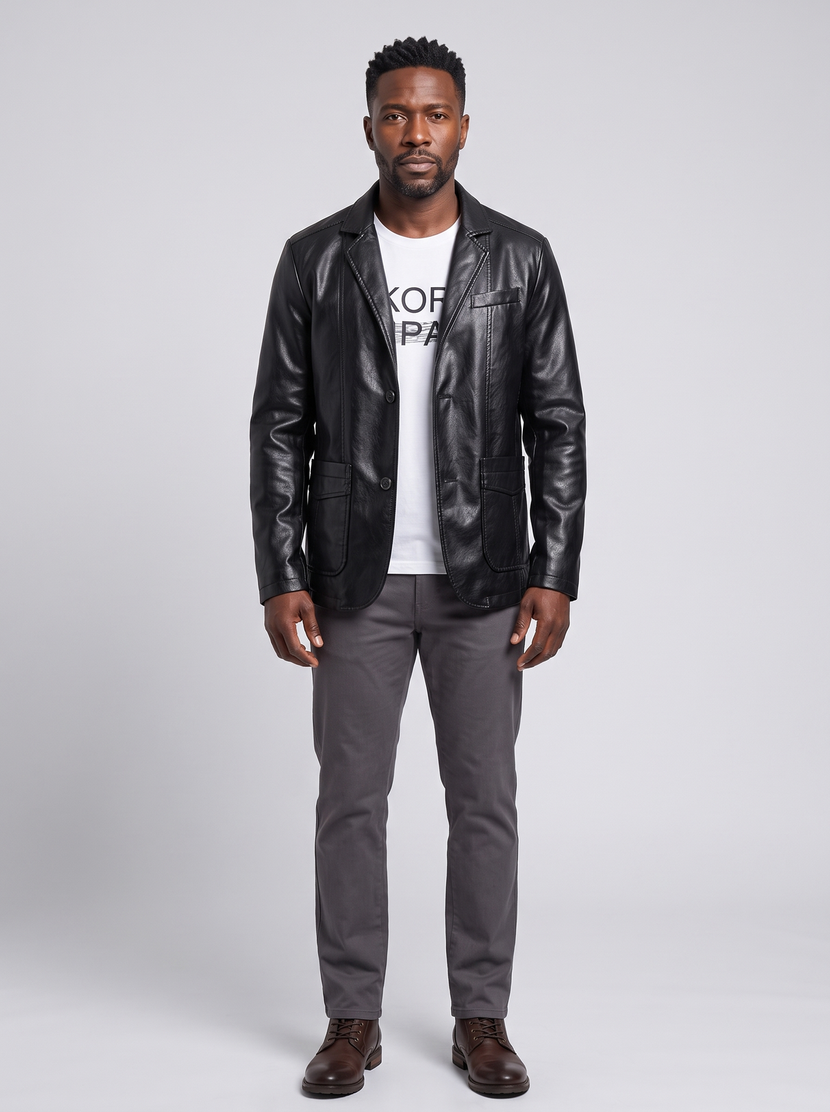 Men's Premium Leather Jacket, worn by a model, full-length studio photo