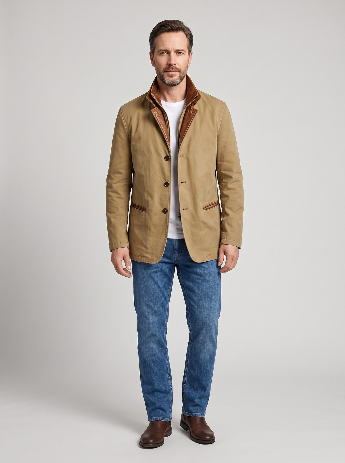 Men's Retro Style Jacket, worn by a model, full-length studio photo