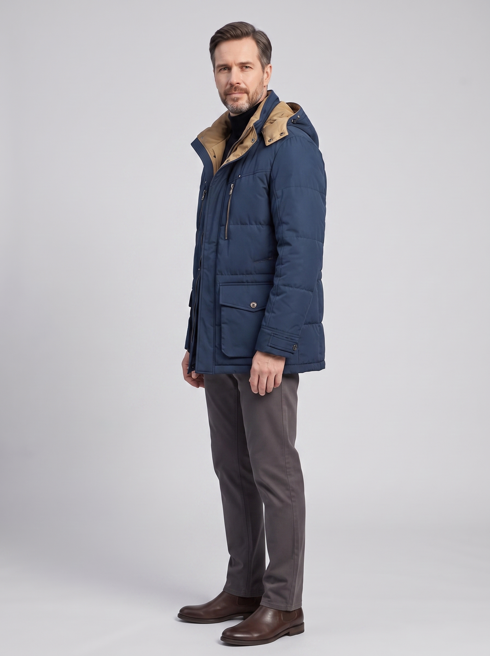 Francesco | Men's Quilted Winter Coat, side three-quarter view, studio photo