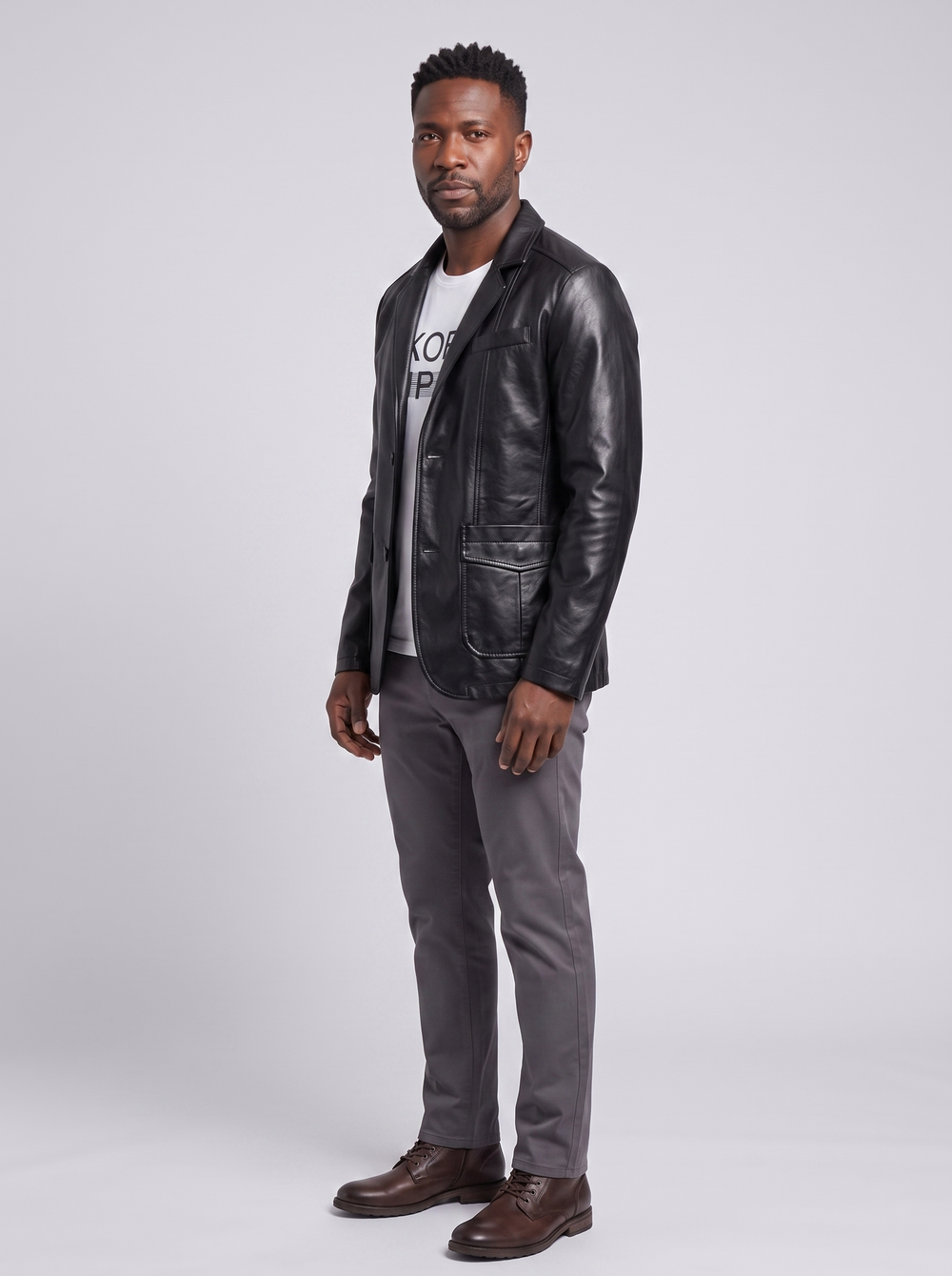 Men's Premium Leather Jacket, side three-quarter view, studio photo