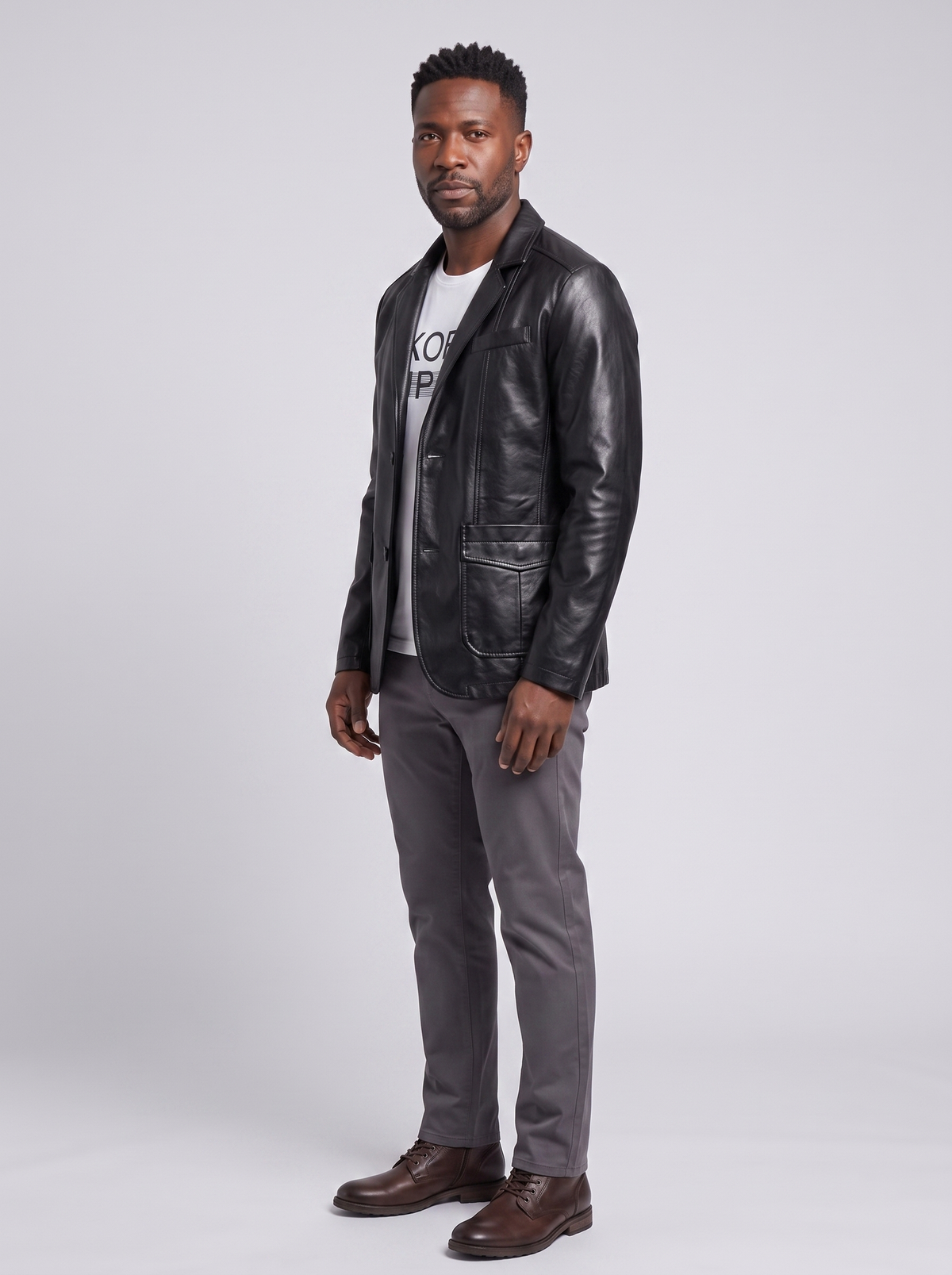 Men's Premium Leather Jacket, side three-quarter view, studio photo